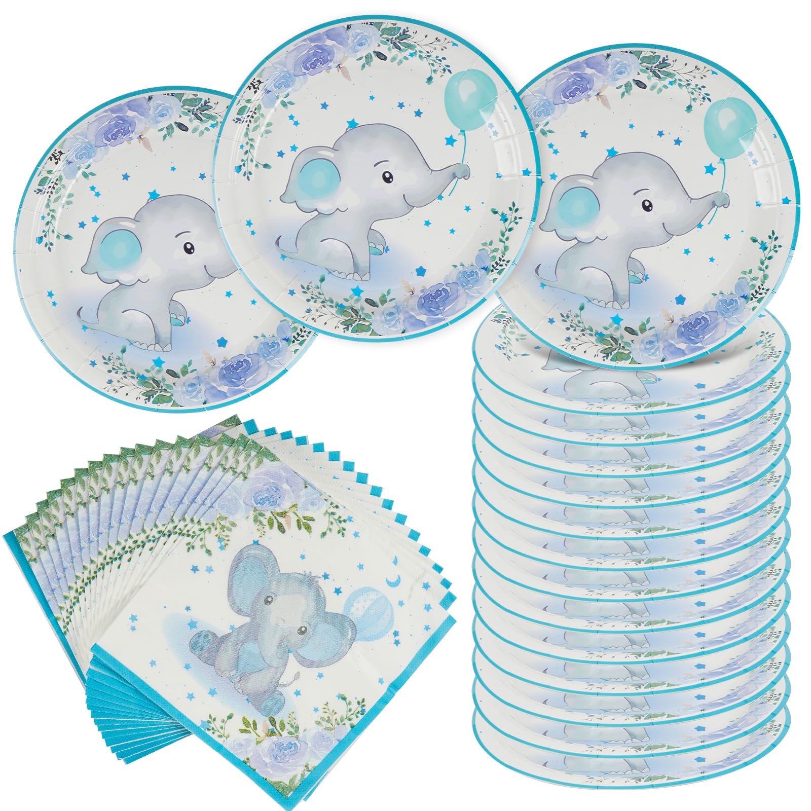 Elephant Baby Shower Decorations for 16 Guests - Blue Party Dinnerware Set for Boys, Paper Plates and Tableware