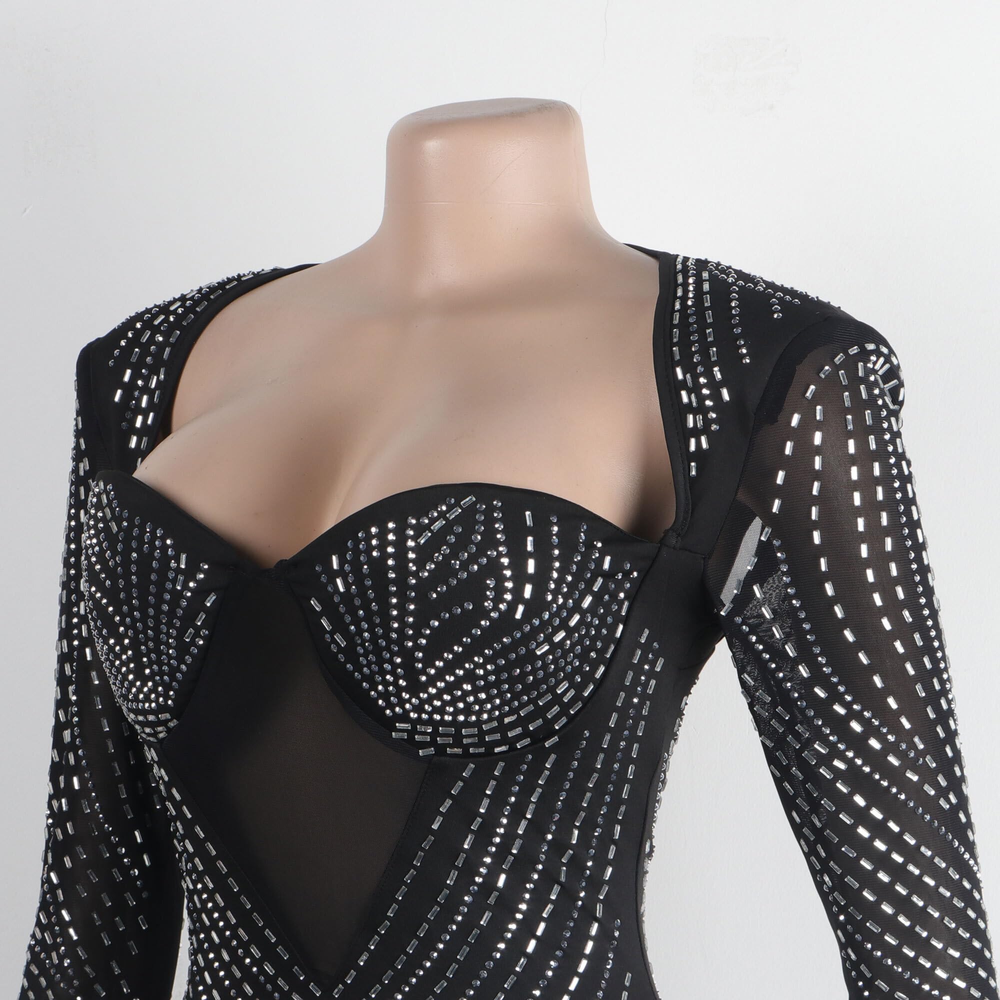 Jigfar Mini vestido sexy y elegante para mujer, con diamantes de imitación, para fiesta de cumpleaños, club, malla transparente, 8 Negro, XL