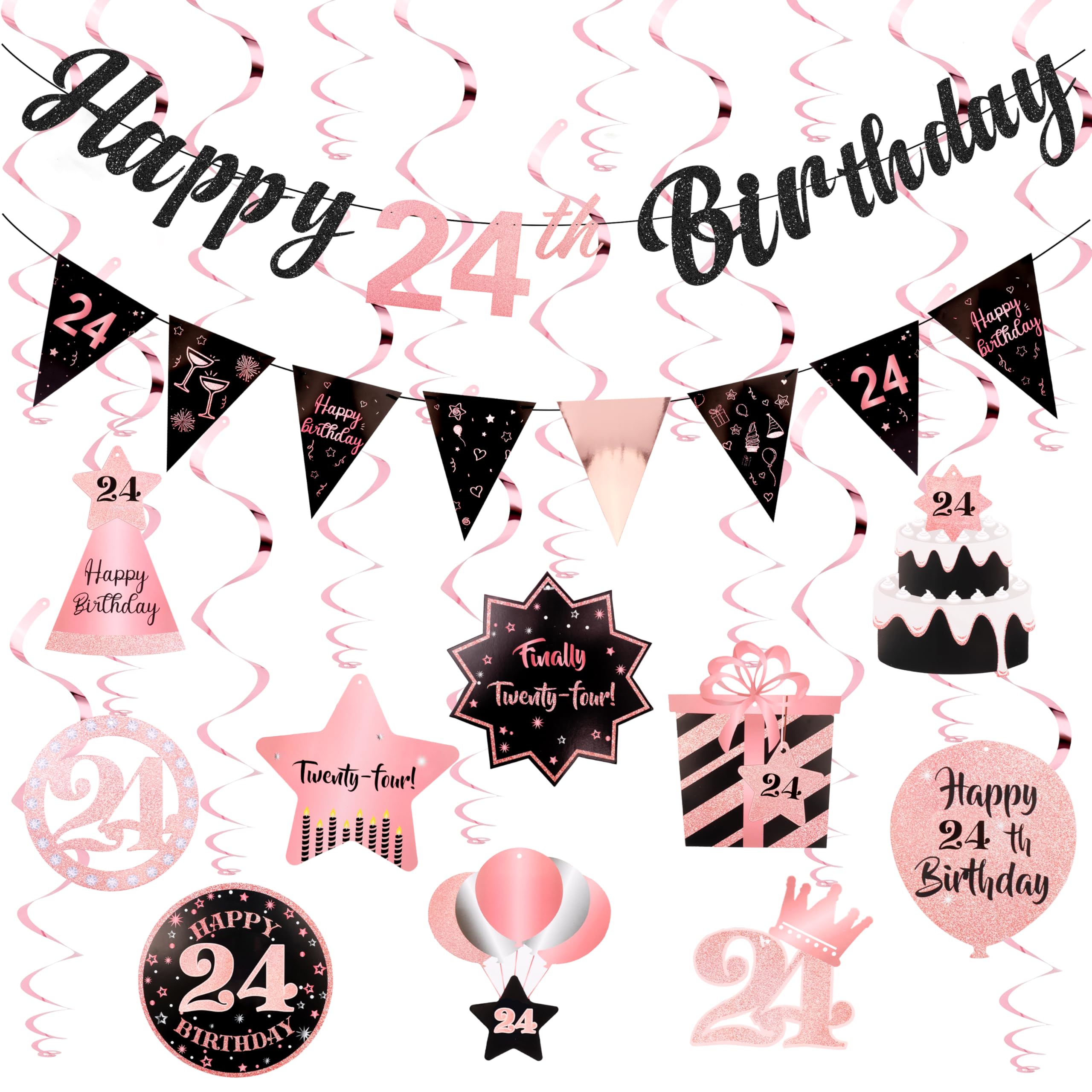24th Birthday Decorations for Women Rose Gold Pink Pre Strung Happy 24th Birthday Banner and Hanging Swirls 24 Year Old Party Decorations Supplies