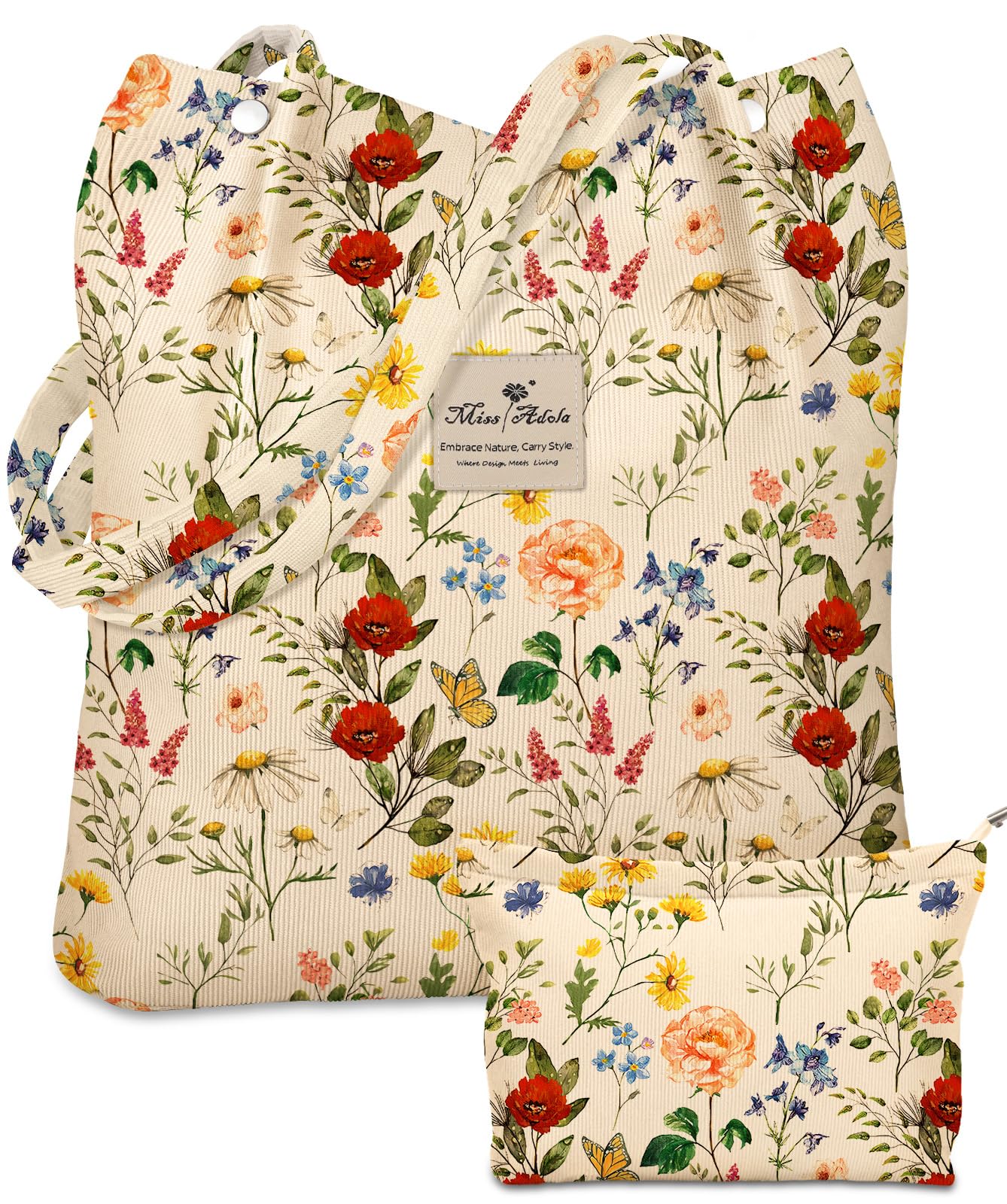 Miss Adola Aesthetic 2 Pack Corduroy Tote Bag - with Makeup Pouch Bag for Women Reusable Grocery Bag for Gym, Travel, Work