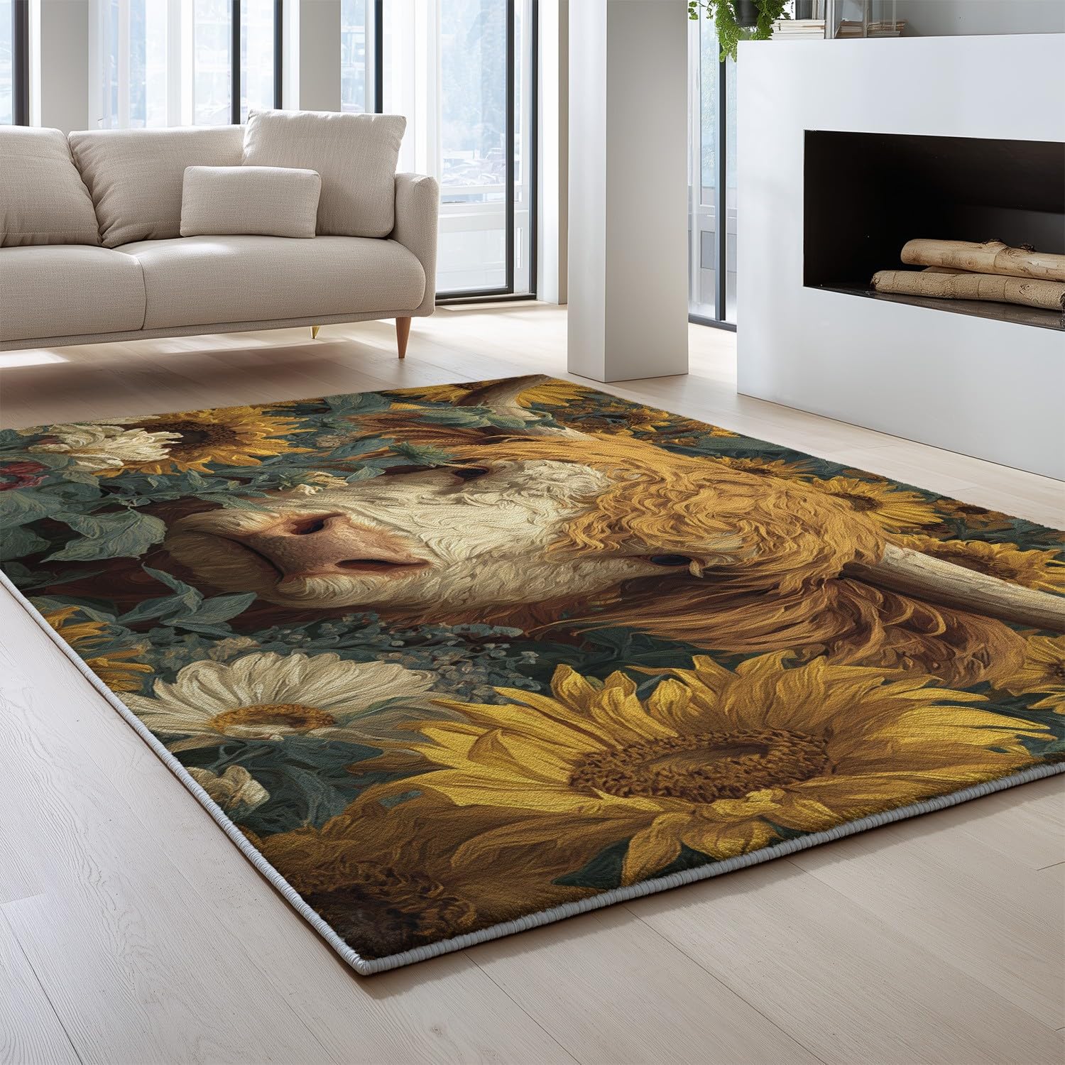 Generisch Retro Kuh Sonnenblumen Fantasie Kurzflor Teppich, Waschbarer Flauschig Teppich, 60 x 90 cm Wohnzimmer Anti Rutsch Extra Große Teppiche Schlafzimmer Weich Teppiche Senfgelb