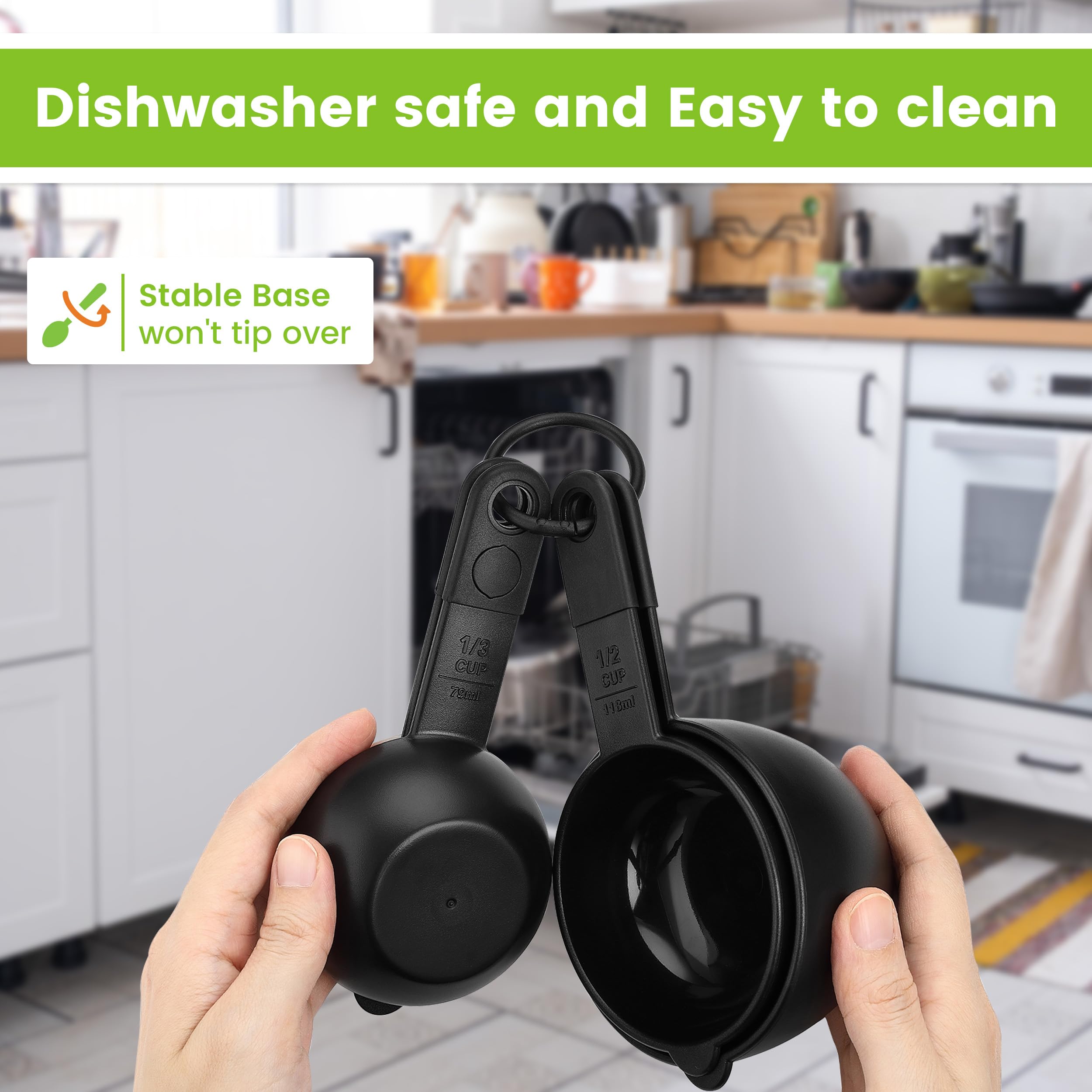 Juego de 9 tazas y cucharas medidoras magnéticas, herramienta de cocina anidable con marcas fáciles de leer para medir ingredientes secos o líquidos, sin BPA, color negro 8