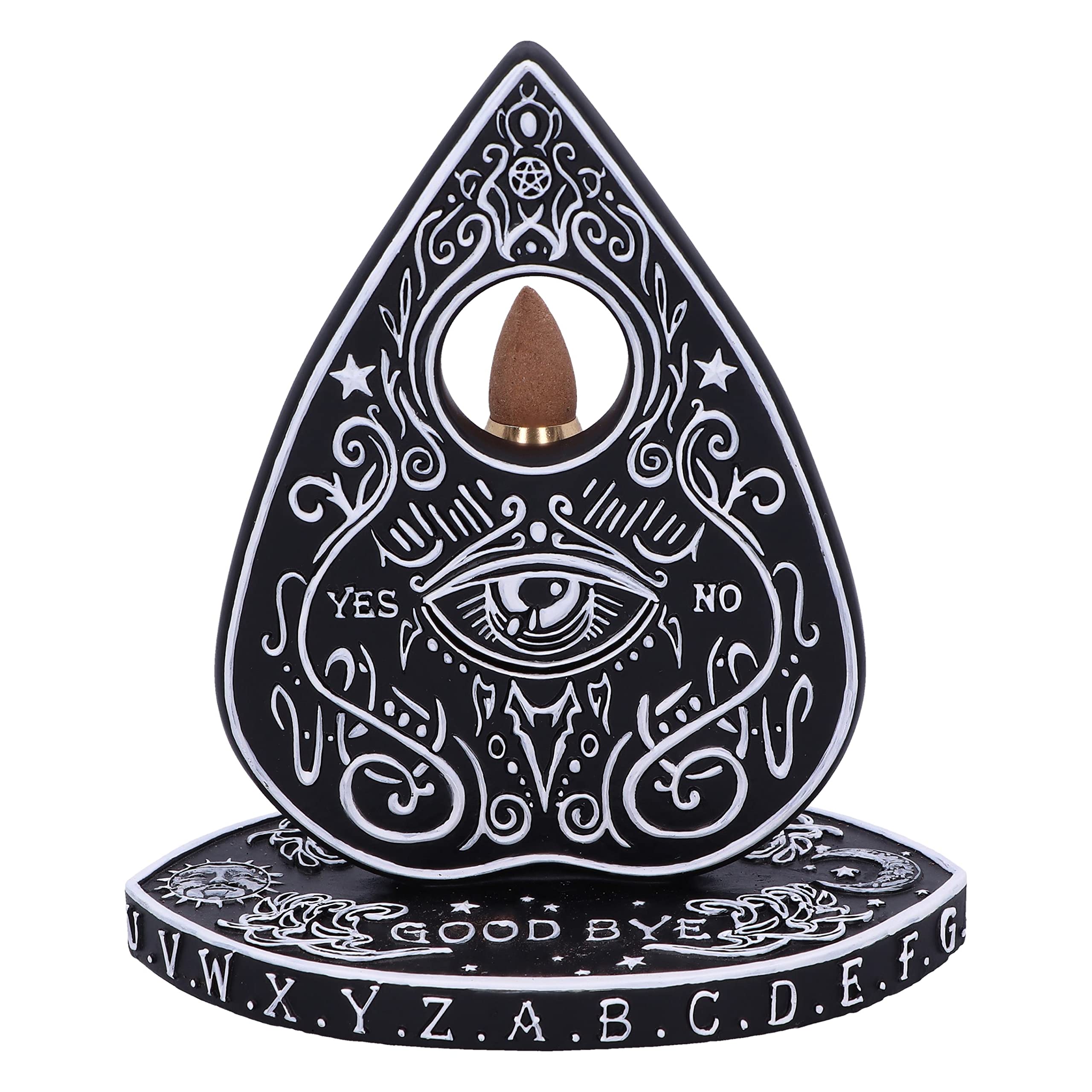 Nemesis Now Spirit Board Planchette Backflow Incense Burner 15cm, Resin, Black, Spirit Board Incense Holder, Black and White Spirit Board Design, Cast in Resin, Hand-Painted, Holds Incense Stick