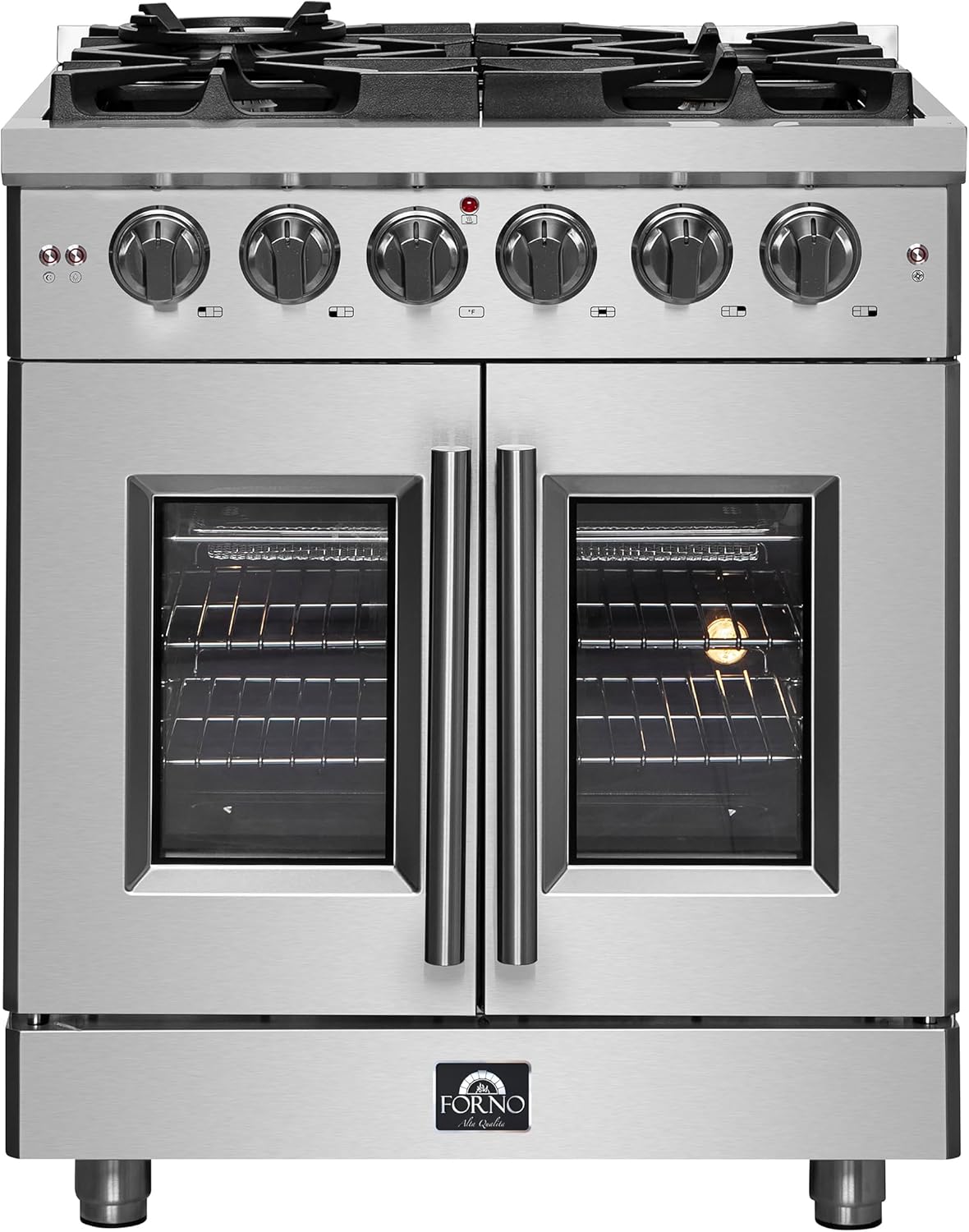 Forno Massimo 30-inch French Door Gas Range with 1 Sealed Dual-Ring Brass Burner, 4.32 Cu.Ft Convection Fan Oven with 30,000 BTU - Modern Design Kitchen Range with Air Fryer Basket, Rack & Drip Pan