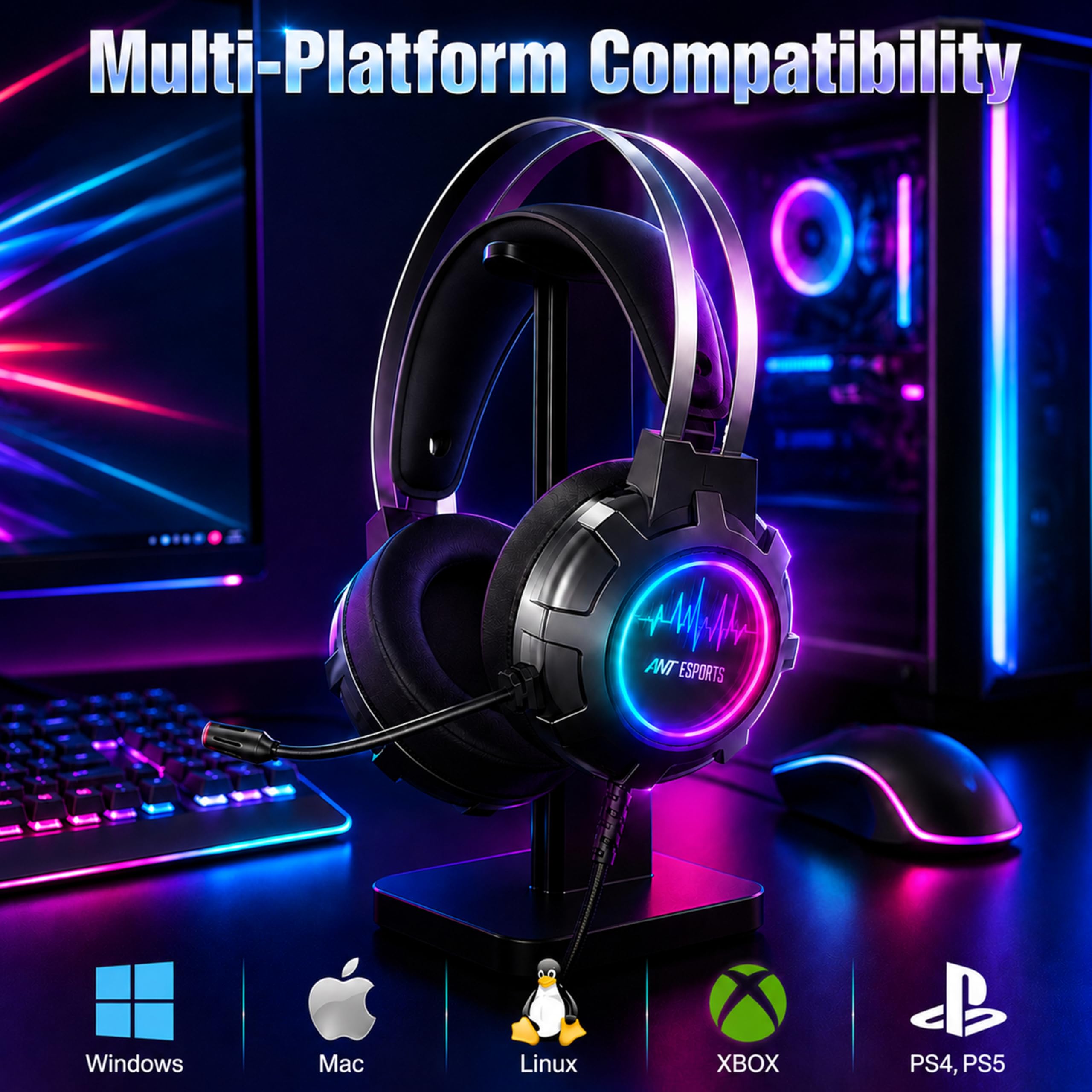 Ant Esports H950 Pro Wired Gaming Headset for PC, Xbox, PS4 & PS5, 7.1 USB Surround Sound Wired Headphones, 50mm Drivers, Mirror RGB LED, Omnidirectional Mic & Noise Isolating Ear Cups – Black — Amazon image 2