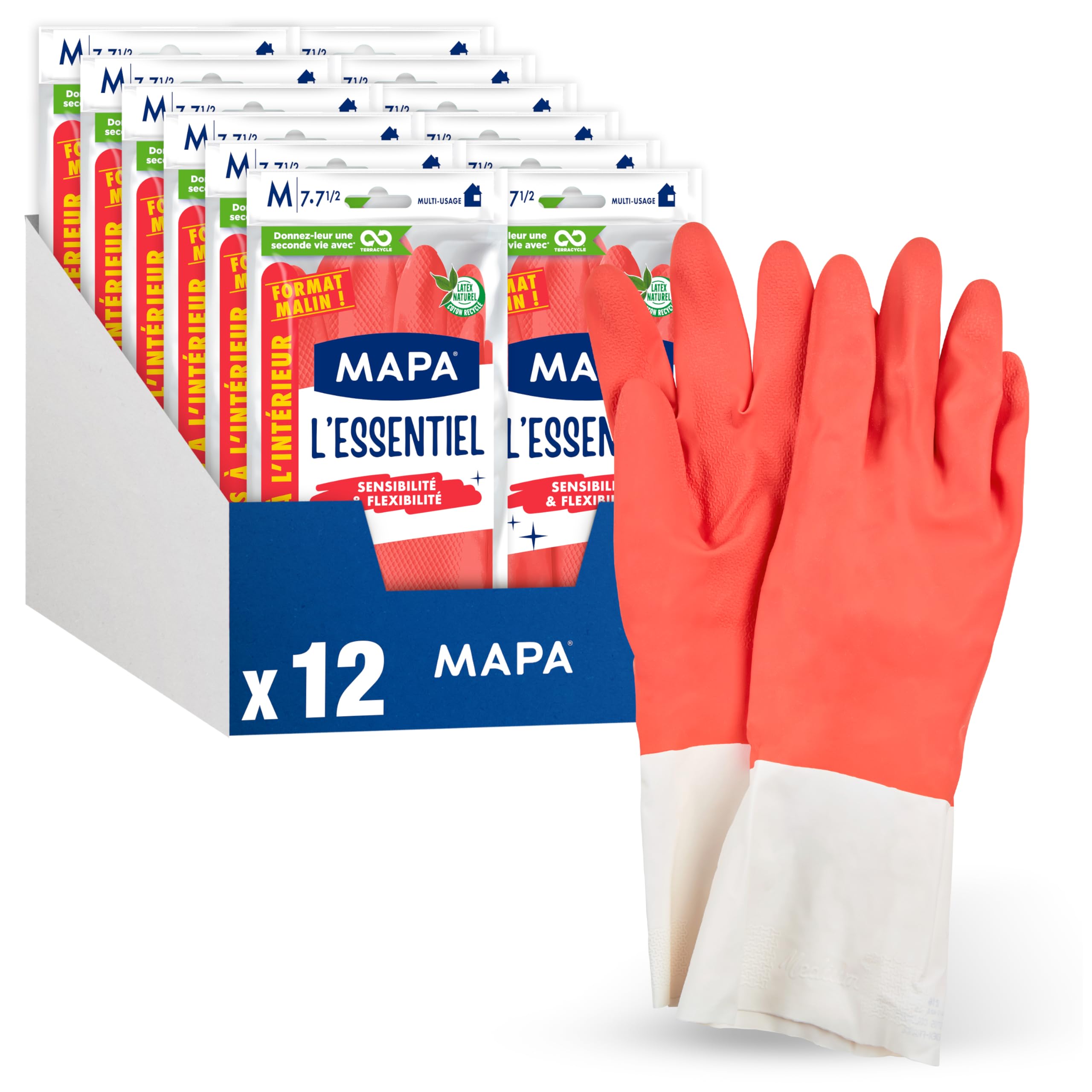 Spontex MAPA L'Essentiel Haushaltshandschuhe, Latex, Innen-Baumwollfasern, Sensibilität und Flexibilität, rutschfeste Beschichtung, 12 Packungen mit je 2 Paar, Größe M, 24 Stück