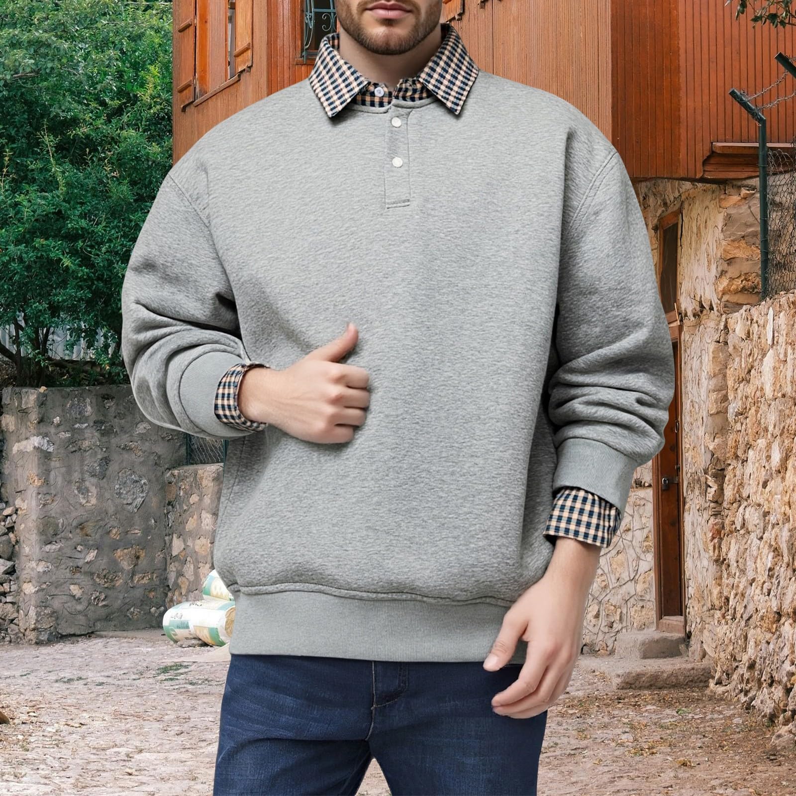 Sudaderas De Hombre Men's Sports Casual Shirt Plaid Collar Button Sweatshirt Reflectantes Oversize Camisa Manga Corta Ropa Verano Proteccion Solar Vento Trabajo Chaqueta Sudadera
