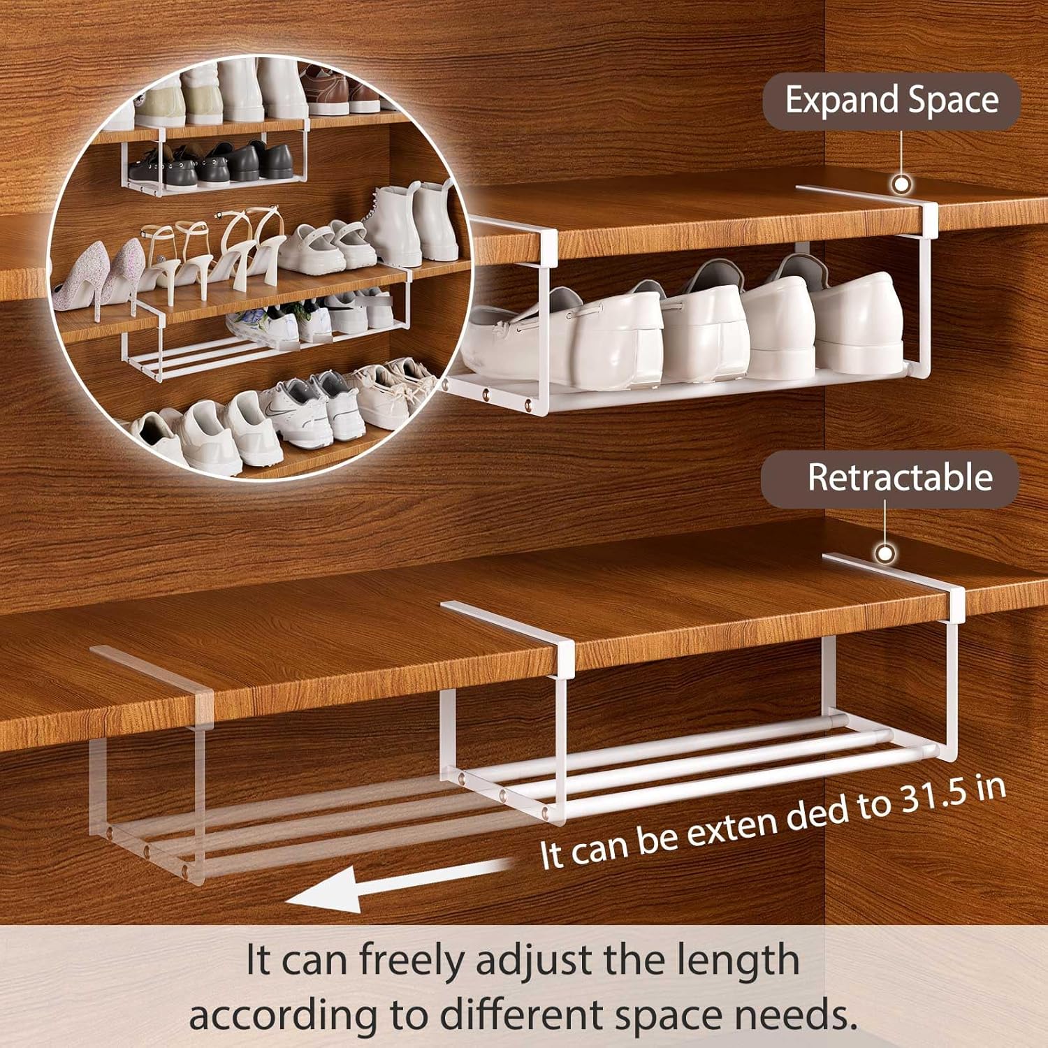 Expandable Shoe Rack Organizer, Hanging Shoe Organizer for Closet & Adjustable Under Cabinet Shelf,Shoe Storage Rack Retractable for Kitchen and Clothing Storage (White, 2 Pack)