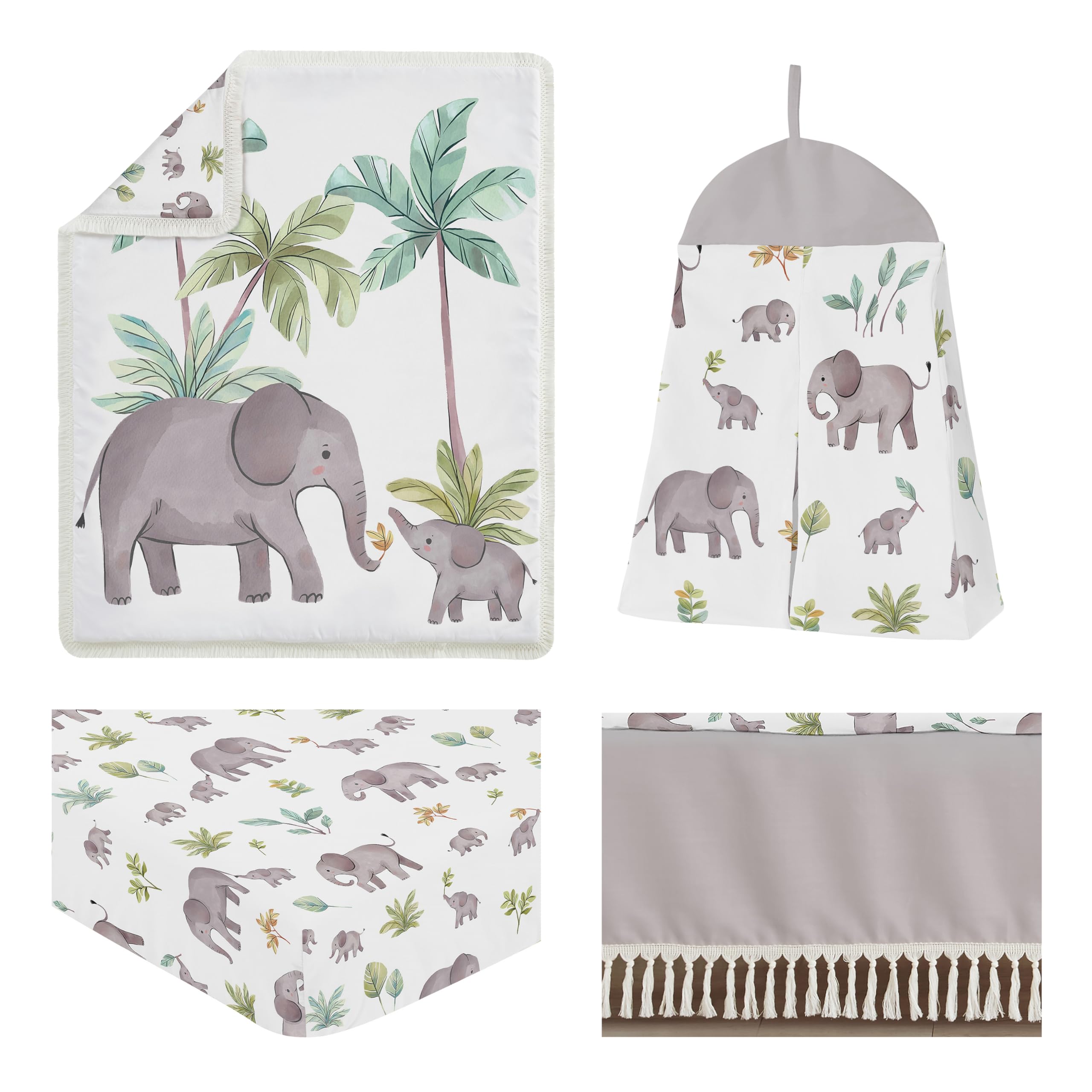 Sweet Jojo Designs Juego de ropa de cama para cuna de bebé, diseño de elefantes de acuarela, para niños, niñas, ropa de cama neutral, manta para cuarto de bebé, sábana bajera, falda, apilador de