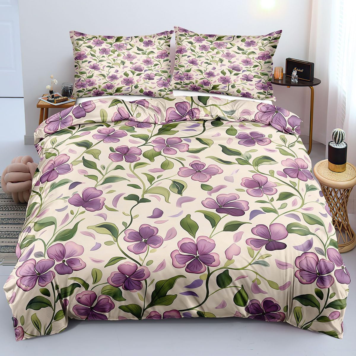 Housse de couette 140x200 chic et nature au motif botanique violet
