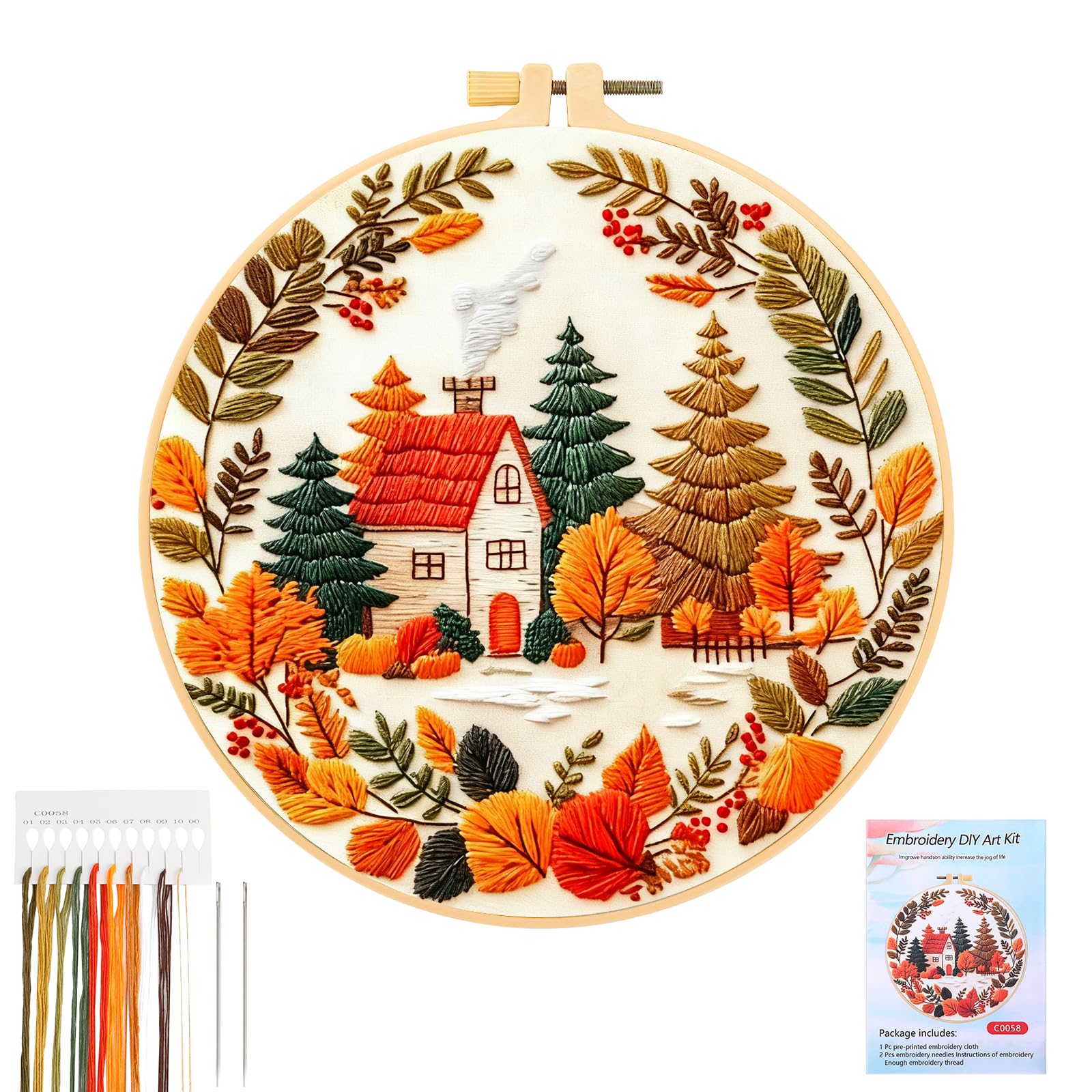 JSRQT Fall Embroidery Starter Kits for Beginners Adults,Autumn House Embroidery Stamped Supplies Kit with Cloth, Hoops, Color Threads, Needles and Instructions