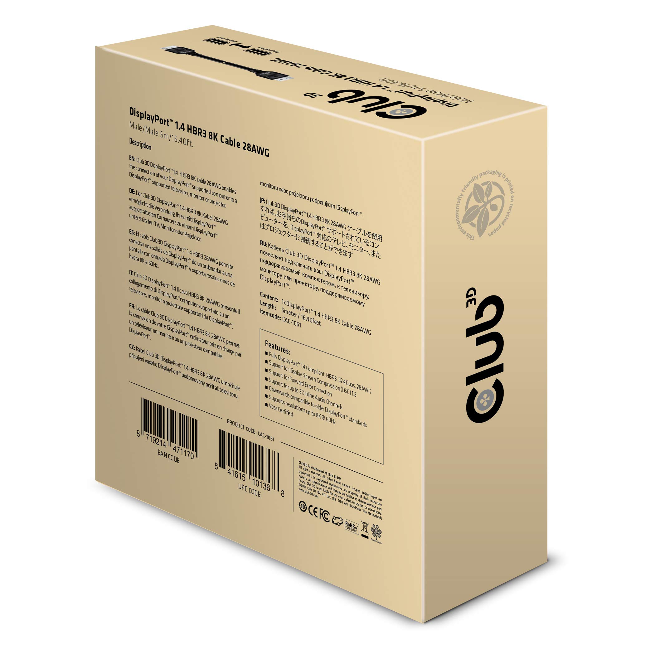 CLUB3D DisplayPort 1.4 HBR3 8K Cable M/M 5m /16.40ft
