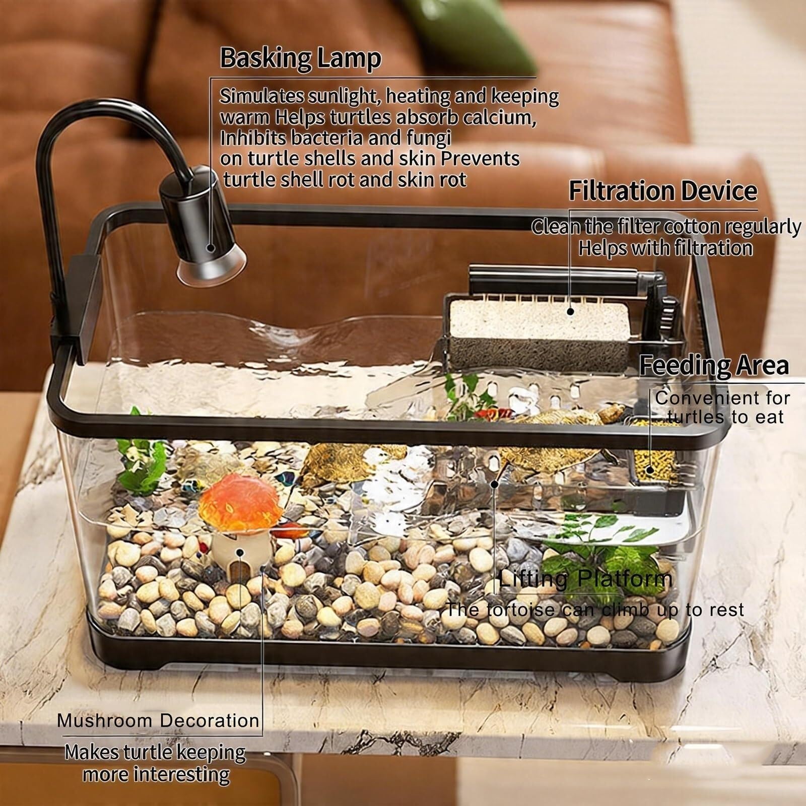 Turtle Fish Tank z platformą do wygrzewania się, akwarium dla młodych żółwi, wygodny dolny drenaż dla młodych żółwi, raków rzecznych, krabów, płazów i gadów (L) (M)
