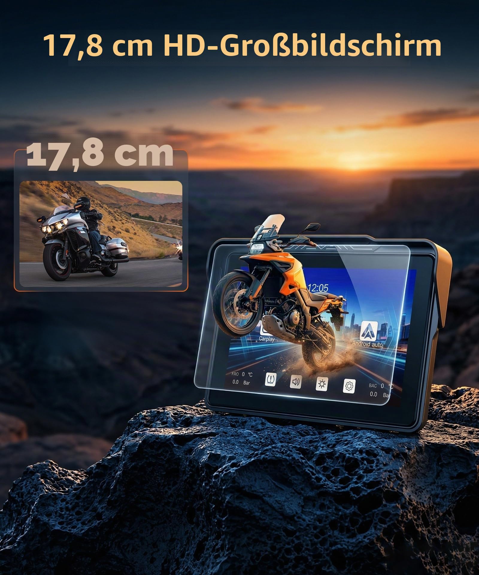 Rimoody 7 Zoll Carplay Bildschirm für Motorrad, Kabellos Carplay & Android Auto Display für Motorräder, Wireless CarPlay Autoradio für Krafträder, IP68 Wasserdichter, Bluetooth, Sprachsteuerung, GPS