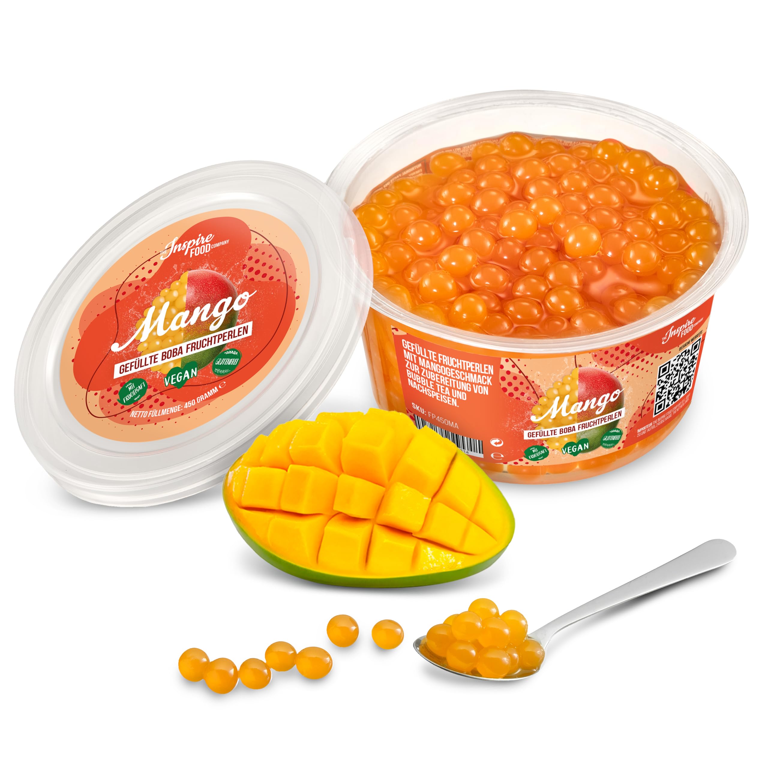 The Inspire Food CompanyPopping Boba Pearls for Bubble Tea - 450gm | Mango | Bursting Pearls Bubble | Real Fruit Juice For Shakes, Dessert,Smoothie | 100% Vegan & Glutenfree, No Artificial Colors