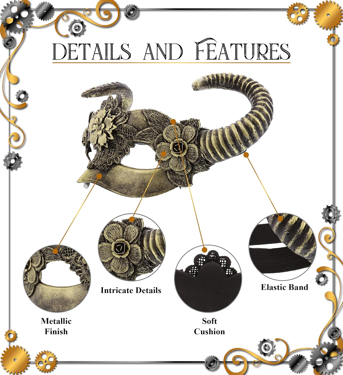 Steampunk Gold Venetian Woodland Fairy Horns Masquerade Mask