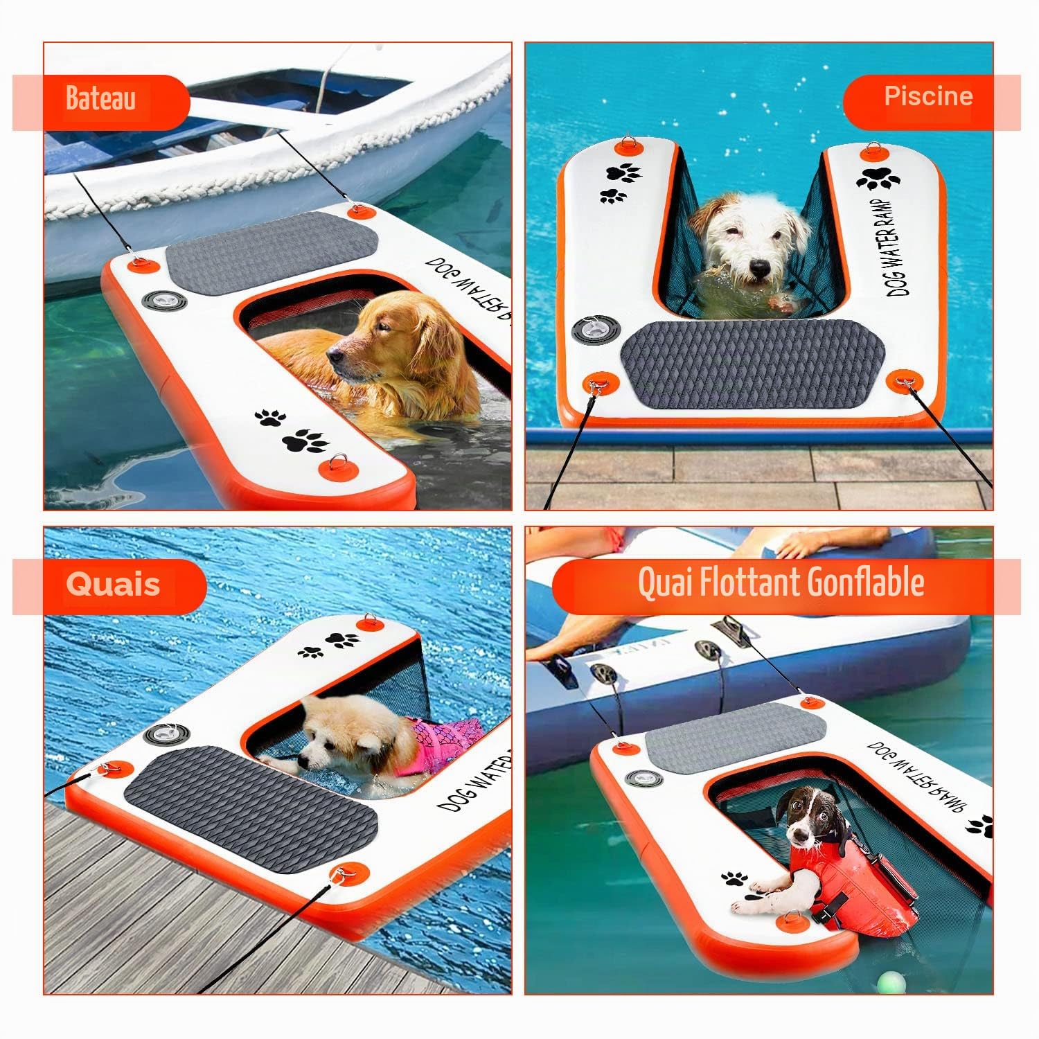 Rampe gonflable pour chien et piscine, échelle flottante extra large pour piscine, quai et bateau, rampe d'eau antidérapante pour chien avec haute stabilité, échelle de piscine pour chien de 68 kg