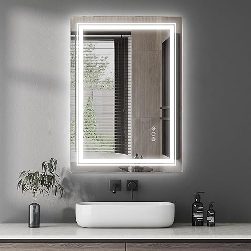 Kirkcaldy Espejo de tocador de baño con luces de 36 x 28 pulgadas, 3 colores regulables, espejo inteligente montado en la pared para baño, espejo