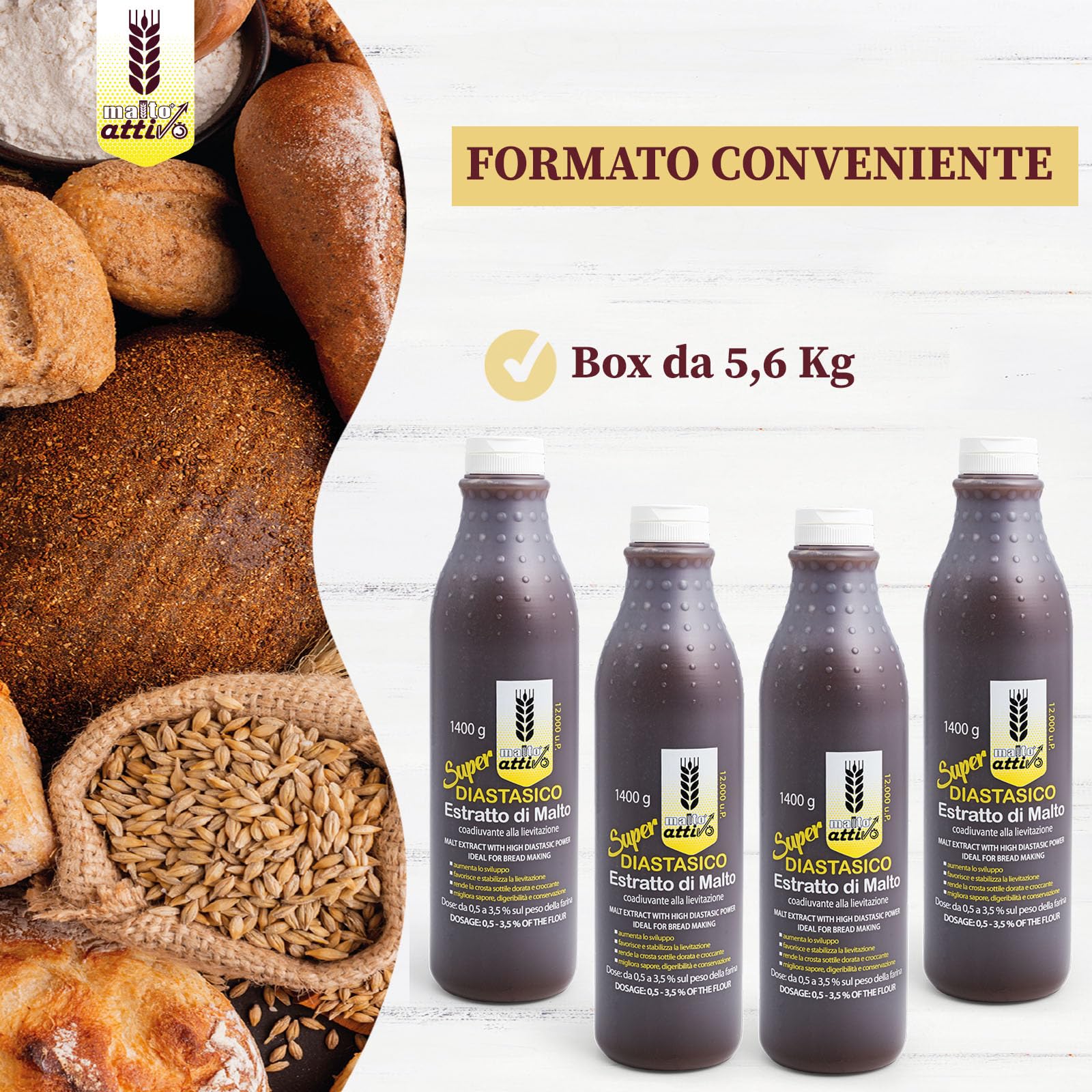 Malto Attivo, Box da 4 pezzi di Super Diastasico 1400g, Estratto di Malto ad Elevato Potere Diastasico, Malto d’Orzo e Mais Ideale per Panificazione, 12.000 Unità Pollak, Made In Italy.