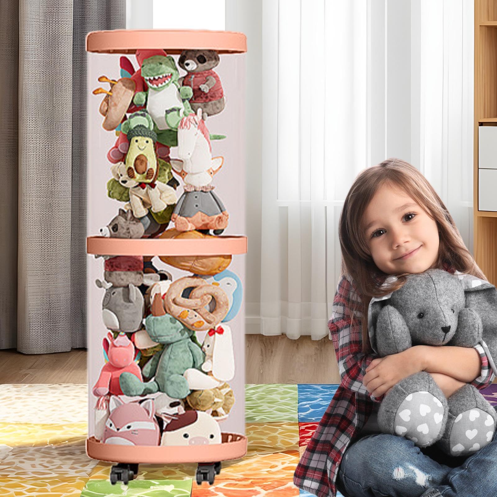 LAFANDE Vertical Toy Storage Tube, Stuffed Animal Storage Tube with Wheels, Clear Stuffed Animal Display Tube, Toy Display Bucket with Lid, Toy Tower Storage for Room, Living Room, Bedroom