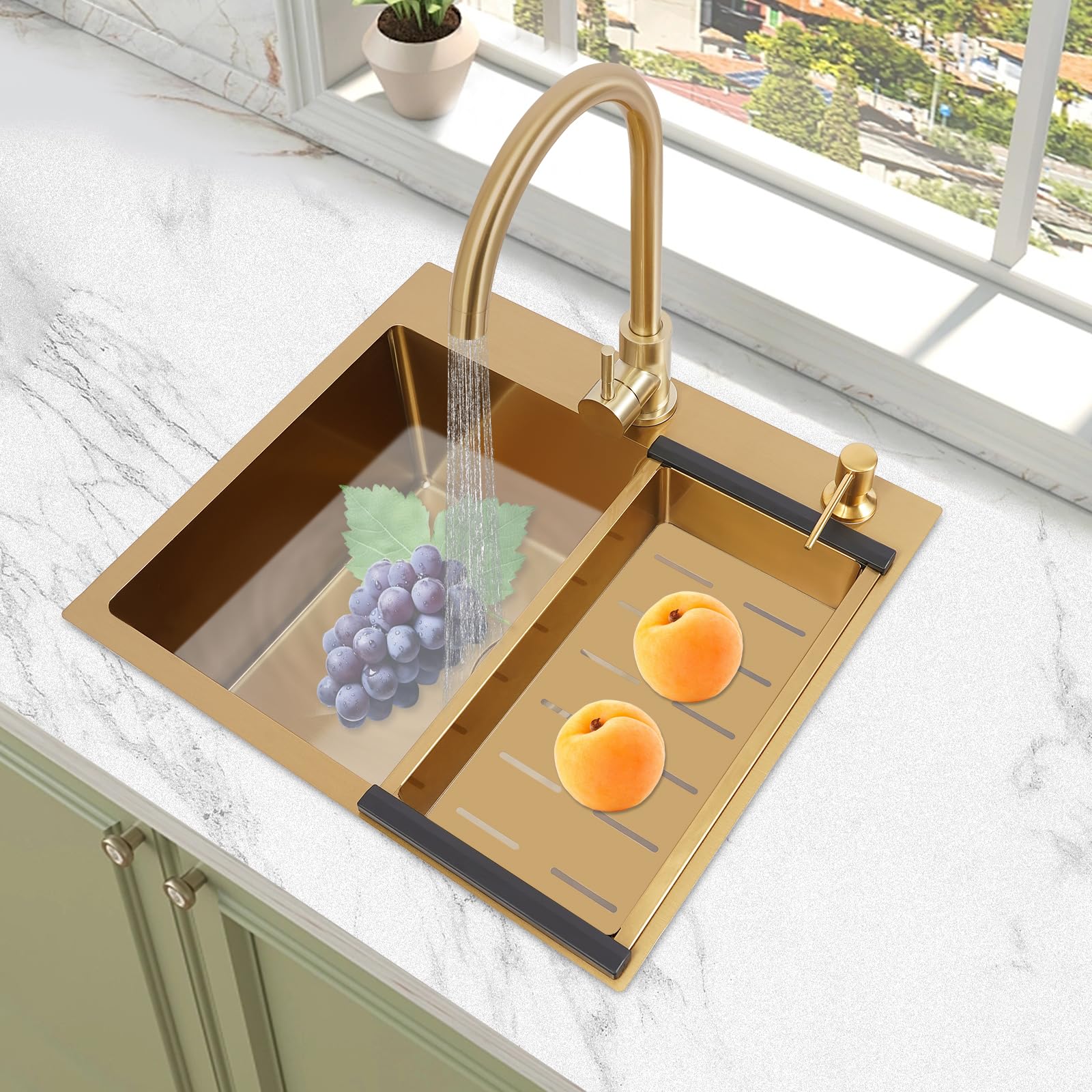 Fregadero de acero inoxidable dorado PVD, con grifo giratorio y dispensador de jabón, drenaje rápido en X, silencioso, anticondente, para cocinas y hogares, diseño moderno con lavabo grande, 50 x 45 x