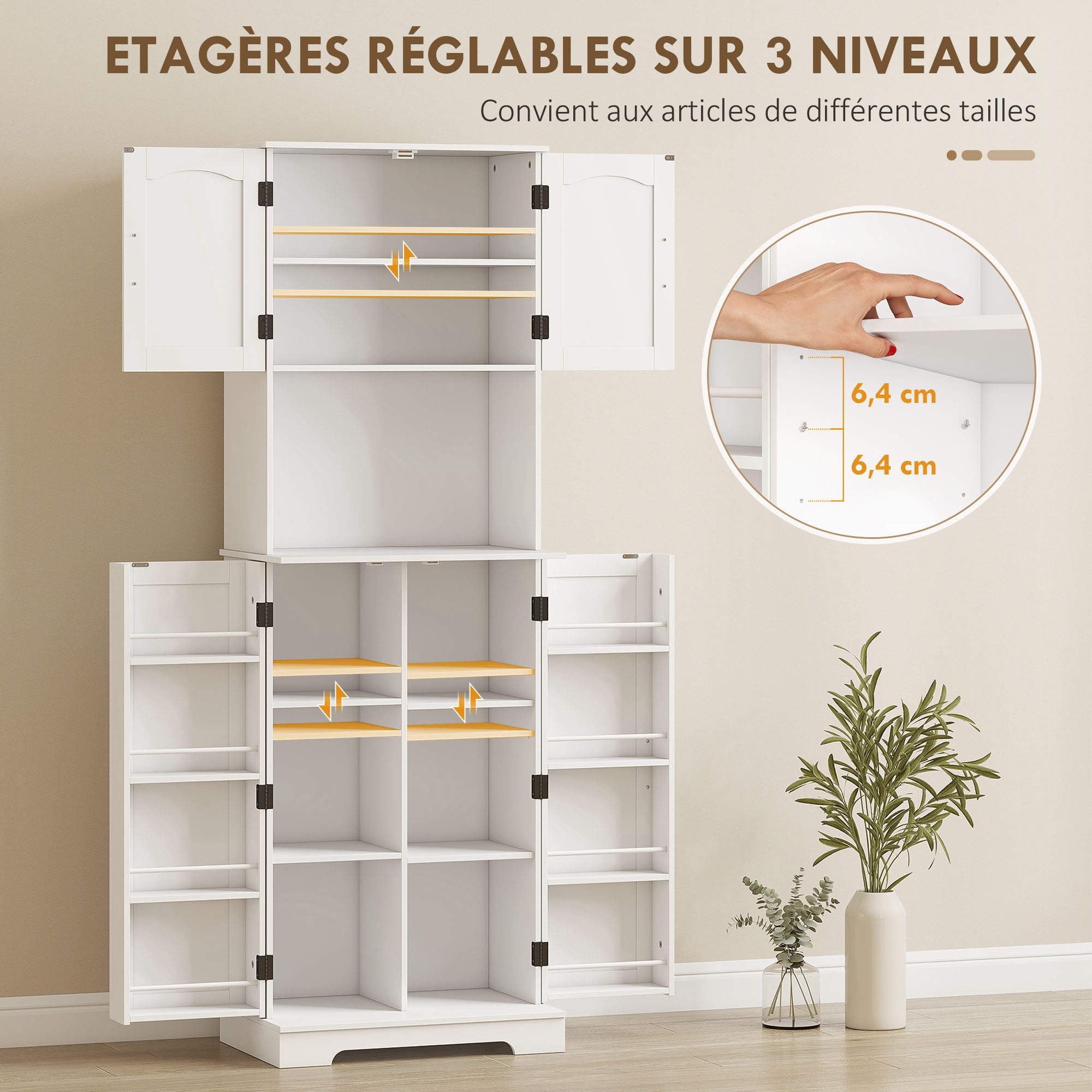 HOMCOM Buffet Haut Cuisine, Armoire de Cuisine, vaisselier, 4 Portes, Plan de Travail, 8 Porte-épices et étagères réglables, Meuble de Rangement pour Salon, Salle à Manger, 60 x 40 x 181,5 cm, Blanc