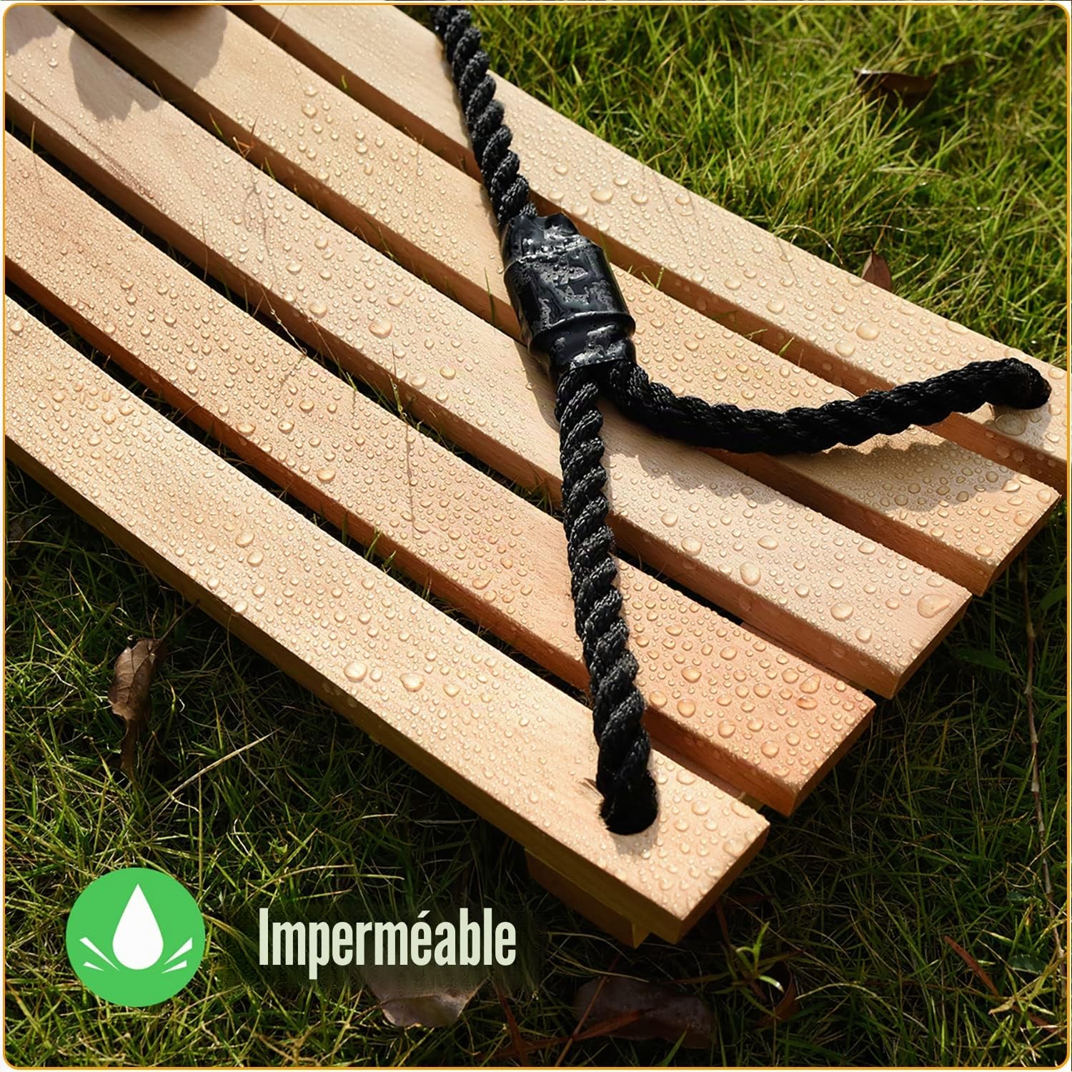 Balançoire d'extérieur - Siège en bois pour tous âges - Aire de jeux avec corde de chanvre ajustable (56 x 25 cm)