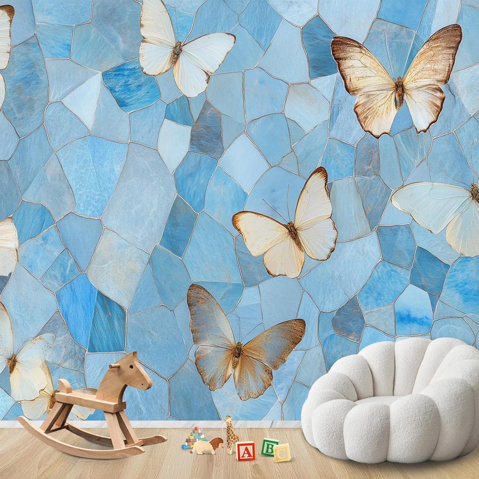 kfjhgbdshhj Photo Wallpaper Butterfly Blue Mosaic Look Modern Living Room Bedroom Children's Room Decoration Motif Wallpaper,350cmx256cm Wall Sticker - Background Wall - Painting - Poster