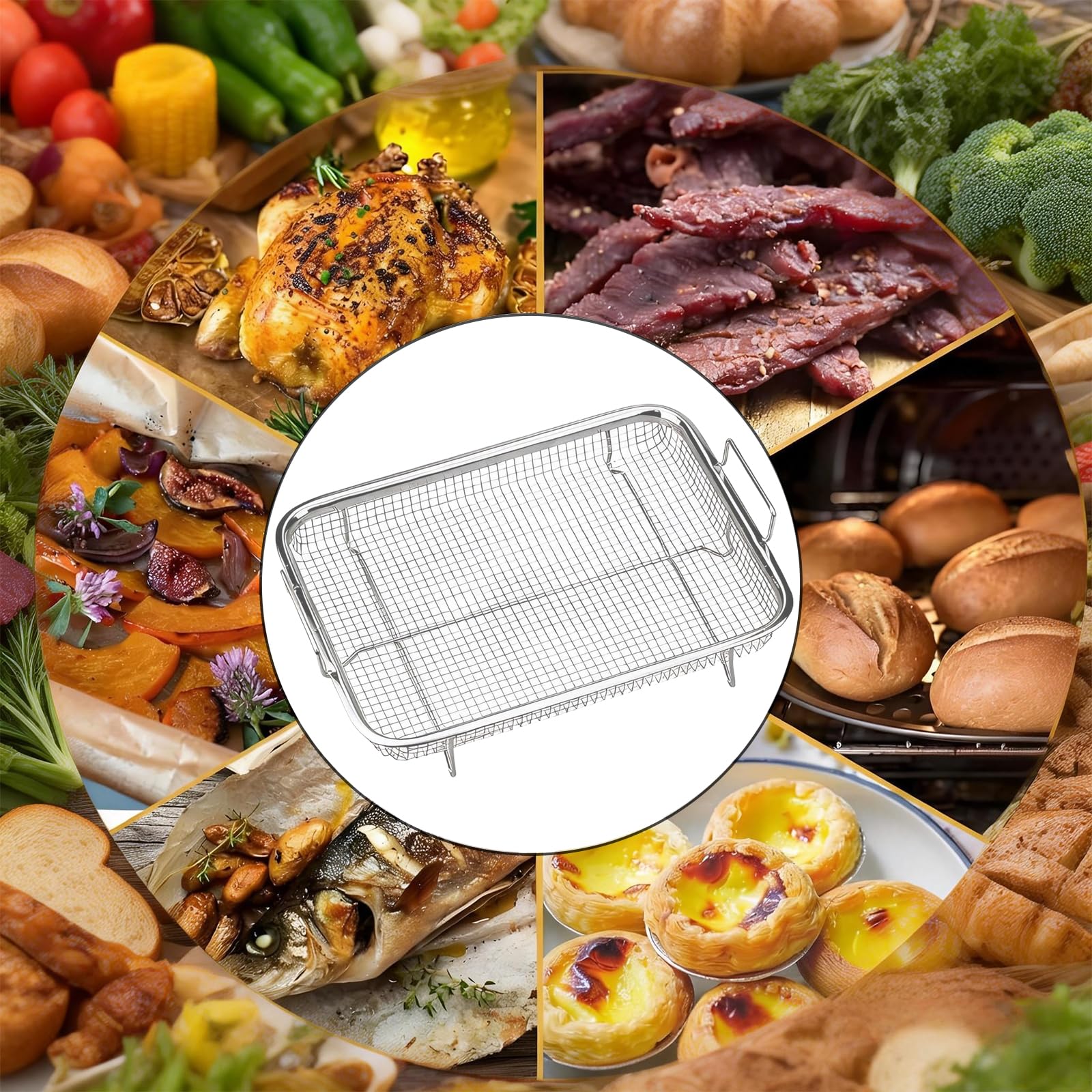Backofen Gitter, Edelstahl Grillkorb mit Griff, Metall Ofen Grill, Multifunktion Grillgitter BBQ, Pommes Gitter für fettarmes Heißluft-Garen, Backen,Grillen im Ofen oder Grill