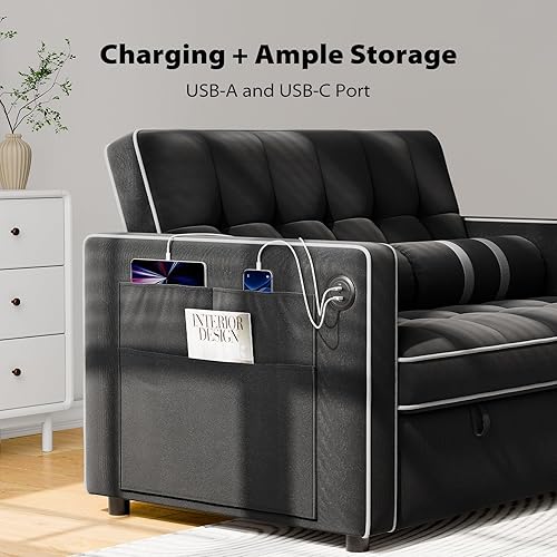Miniatura 5 de Pipishell Sofá cama 3 en 1, sofá cama extraíble para sala de estar con puertos USB y bolsillos laterales, respaldo ajustable, terciopelo, sofá