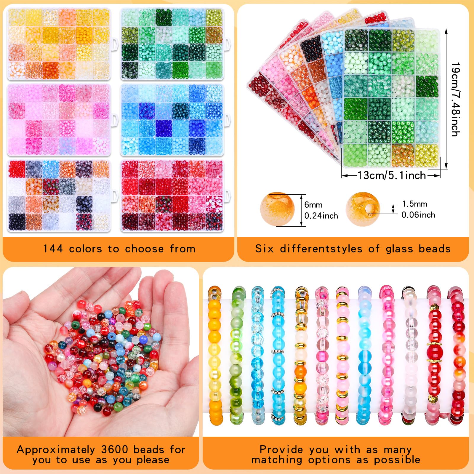 Kit di perline di vetro da 6 mm, 144 colori assortiti, perline in vetro di cristallo per la creazione di gioielli e artigianato fai da te, bracciali, collane, artigianato fai da te e progetti di