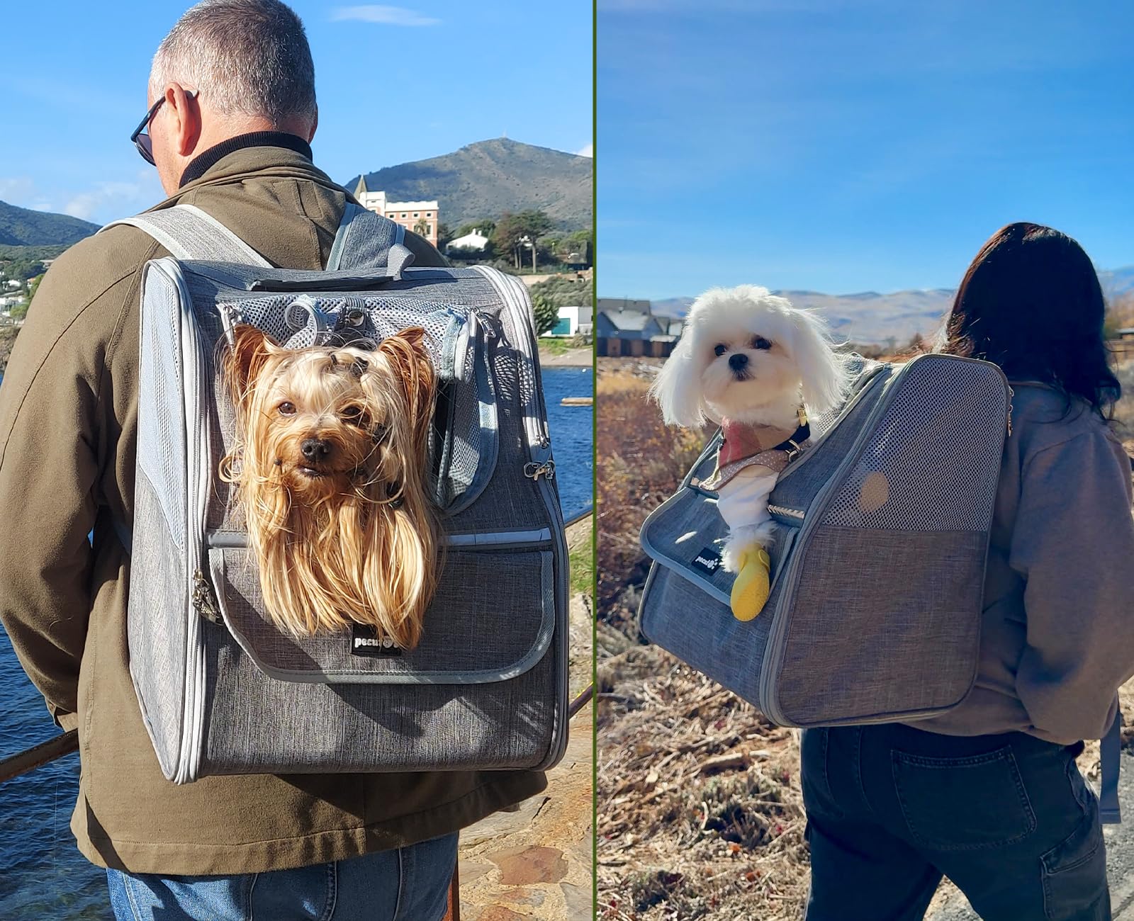 Pecute Zaino per gatti, zaino per cani di piccola taglia, per gatti, cani, cuccioli, gattini, trasportino per viaggi, escursionismo, bicicletta, passeggiate all'aperto, grigio chiaro