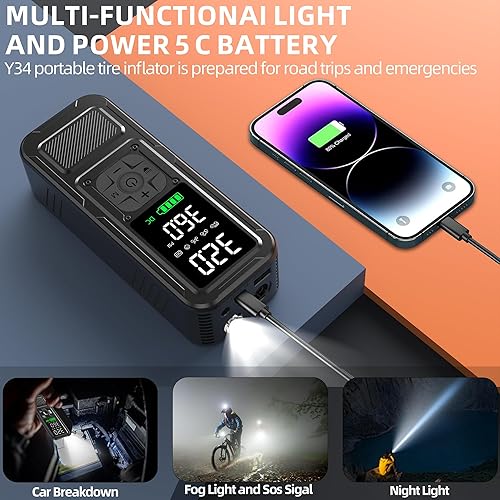 Miniatura 5 de Compresor de aire portátil Y34 para inflado de neumáticos, inflado 4 veces más rápido, 10000 mAh sin cable12 V CC 150 PSI bomba de aire para