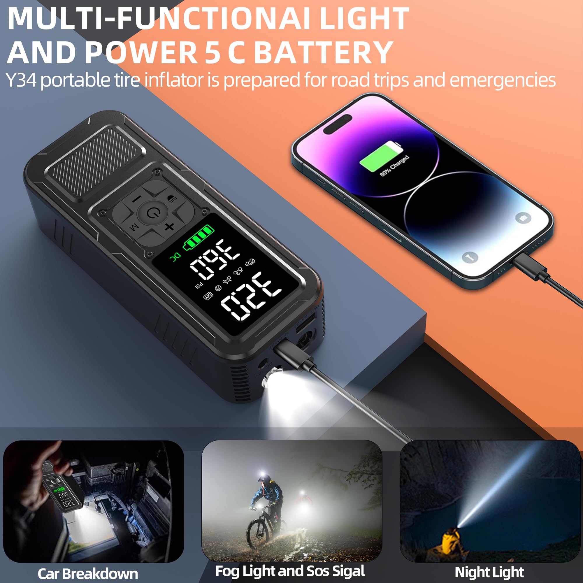 Calmara Y34 Tire Inflator Portable Air Compressor,4X Faster Inflation,6000mAh Cordless/12V DC 150PSI Air Pump with Digital Pressure Gauge for Car,Motorcycle,Bike,Valentines Day Gifts for Him