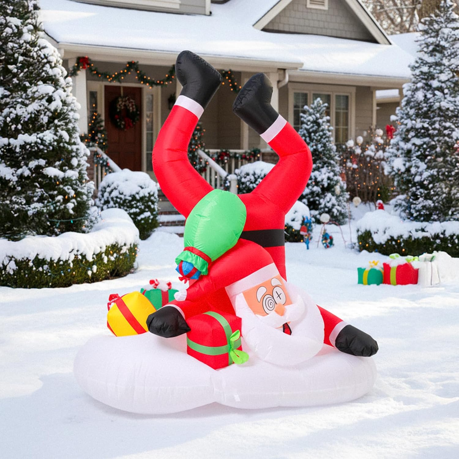 BLOOMWIN Funny Christmas Inflatables 6ft Santa Claus Upside Down with Gifts Xmas Blow up Yard Decorations Outdoor with Built-in LED Lights