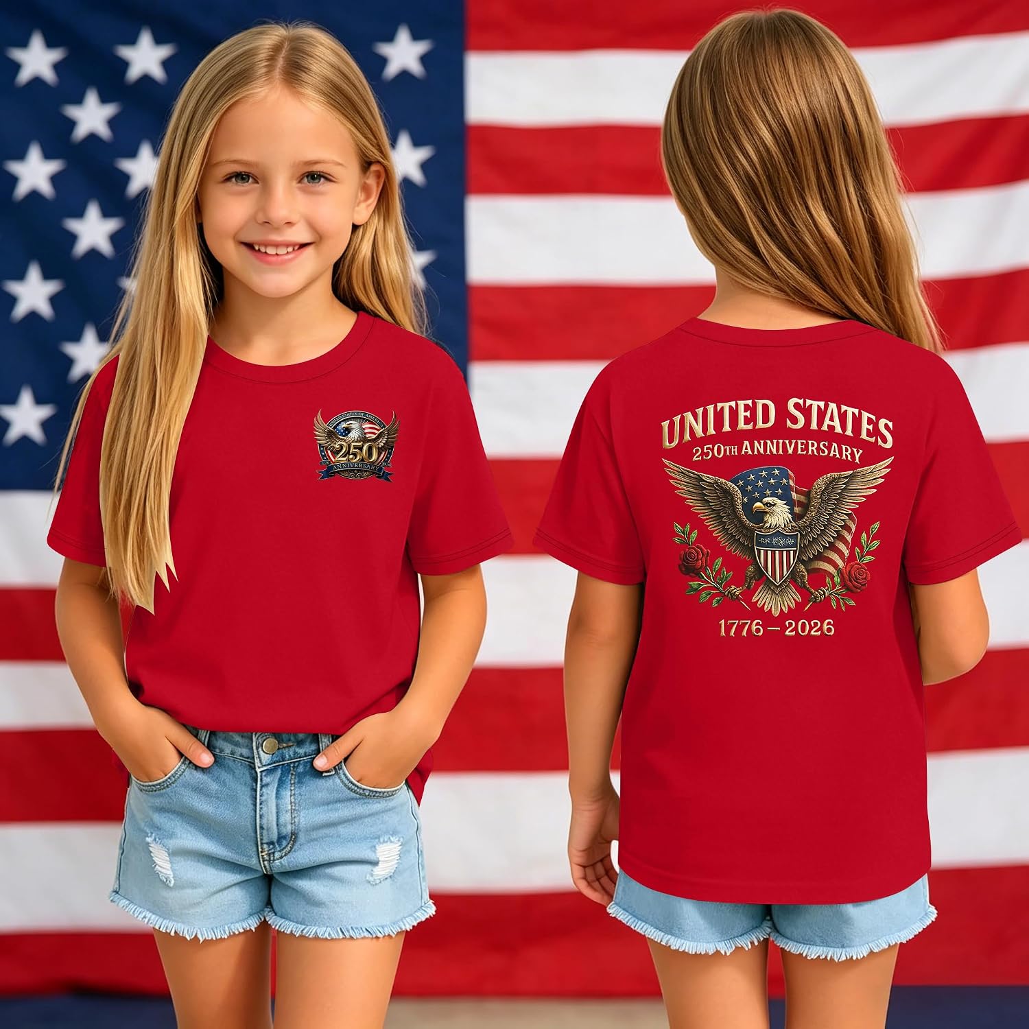 Kids 250th Anniversary USA Shirts Boys Girls American Flag T-Shirt 4th of July Shirt 250 Years Birthday Patriotic Tops