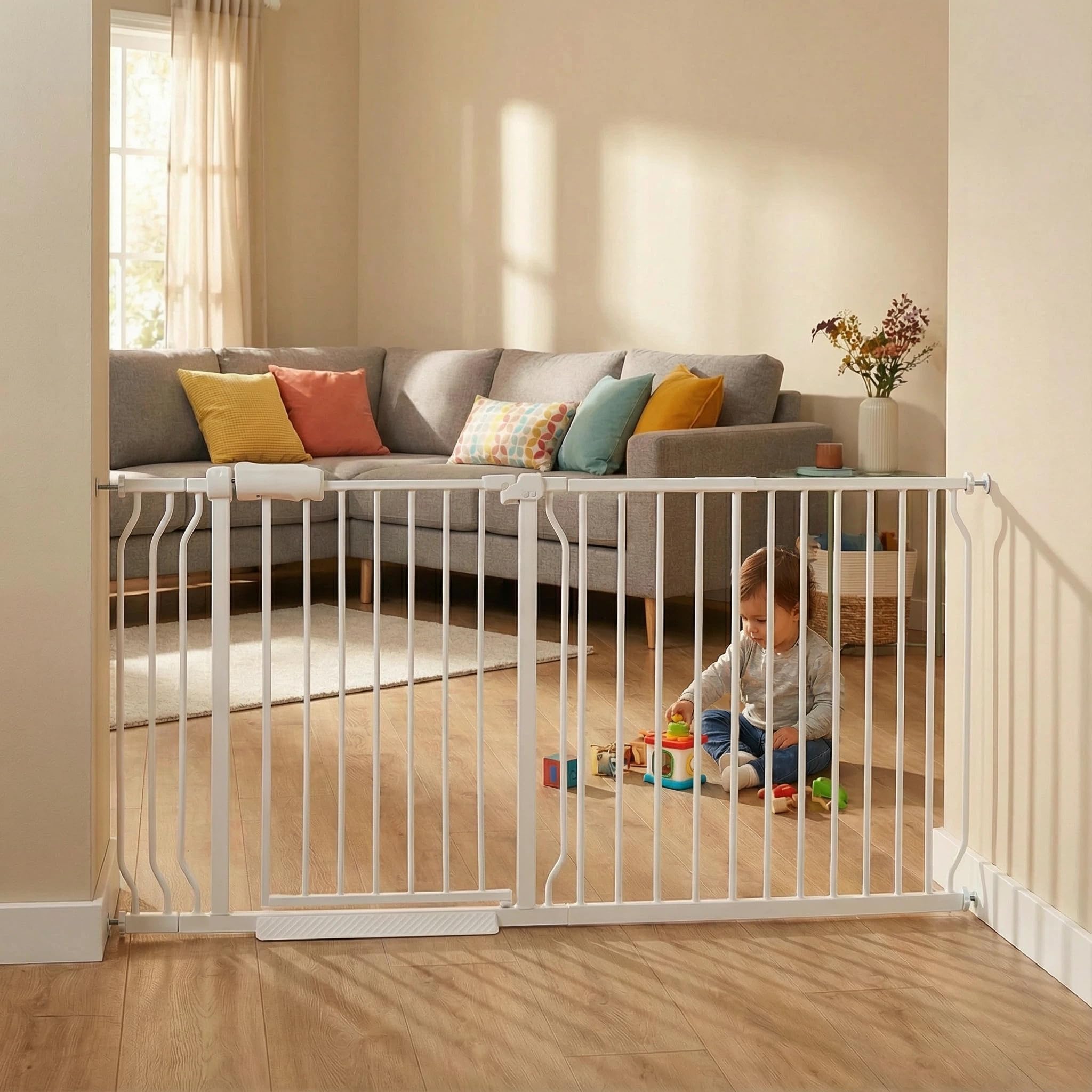 Vothco Extra Wide Baby & Dog Gate 62-67 Inch, Pressure Mounted No Drilling, Adjustable Indoor Safety Gate for Stairs & Wide Doorways - Metal Design