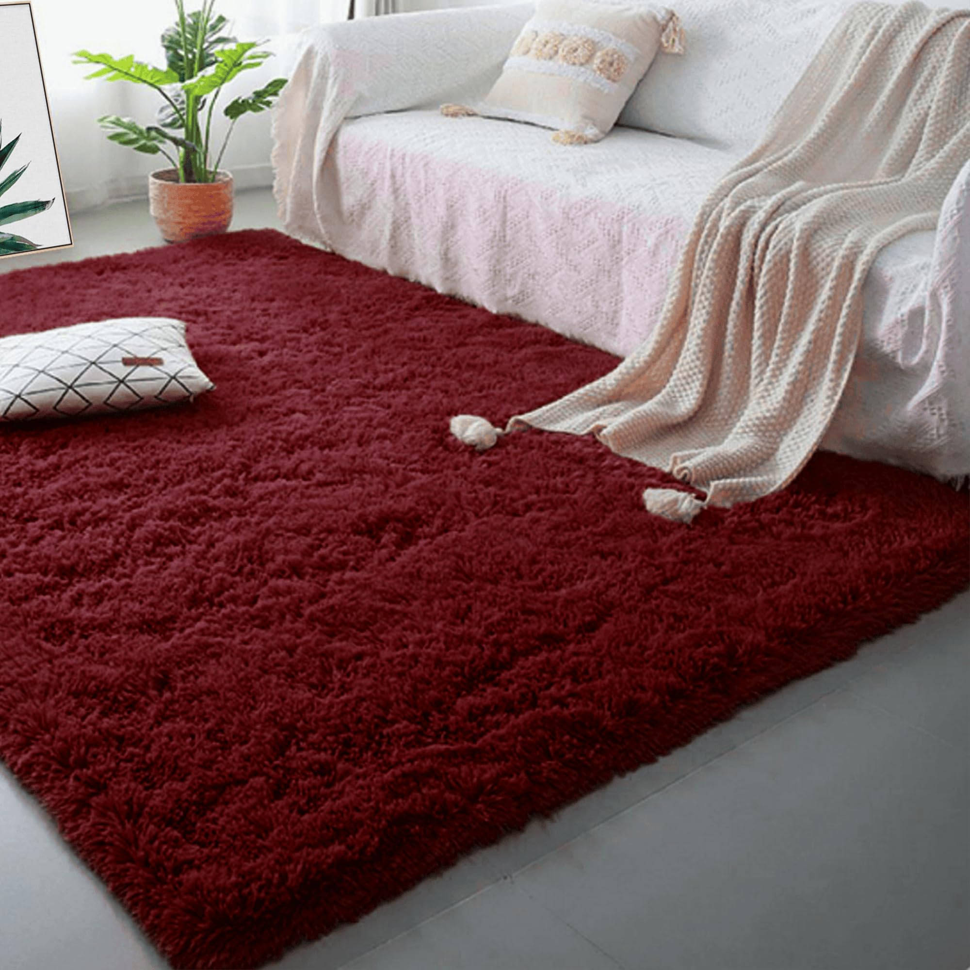 Tapis intérieur moelleux vin rouge 150x320 cm lavable et tapis de salon épais shaggy