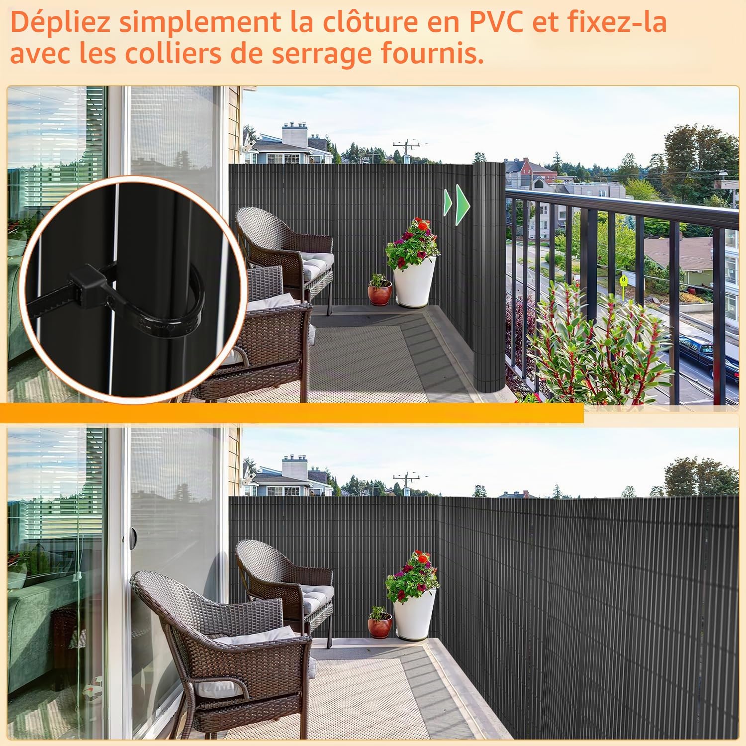 Brise-vue en PVC - 90 x 300 cm - Avec serre-câbles - Structure en W renforcée - Lamelles - Résistant aux intempéries - Pour balcon, jardin et terrasse - Anthracite
