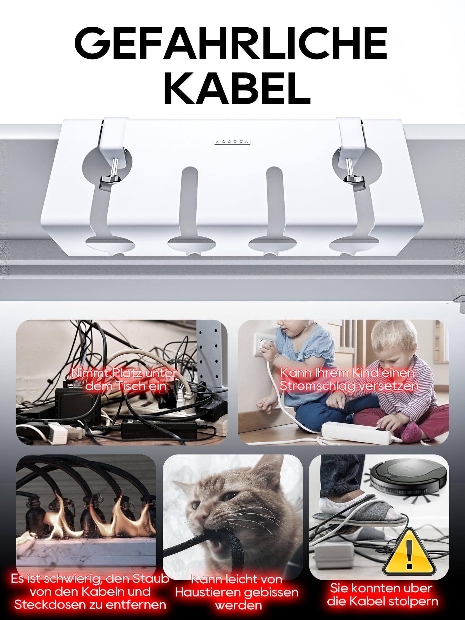 NODOCA Kabelmanagement unter dem Schreibtisch, Kabelkanal, Kabelkorb 43×15×12cm Weiß