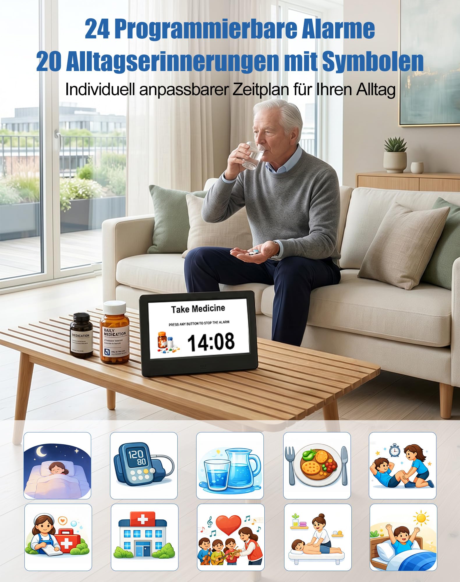 jely Digitaler Kalender mit Datum und Uhrzeit für Senioren, Wecker Digital 7 Zoll HD, 20 Erinnerungen, 24 Alarme, Fernbedienung, Digitaler Bilderrahmen, Tischuhr & Wanduhr – Schwarz