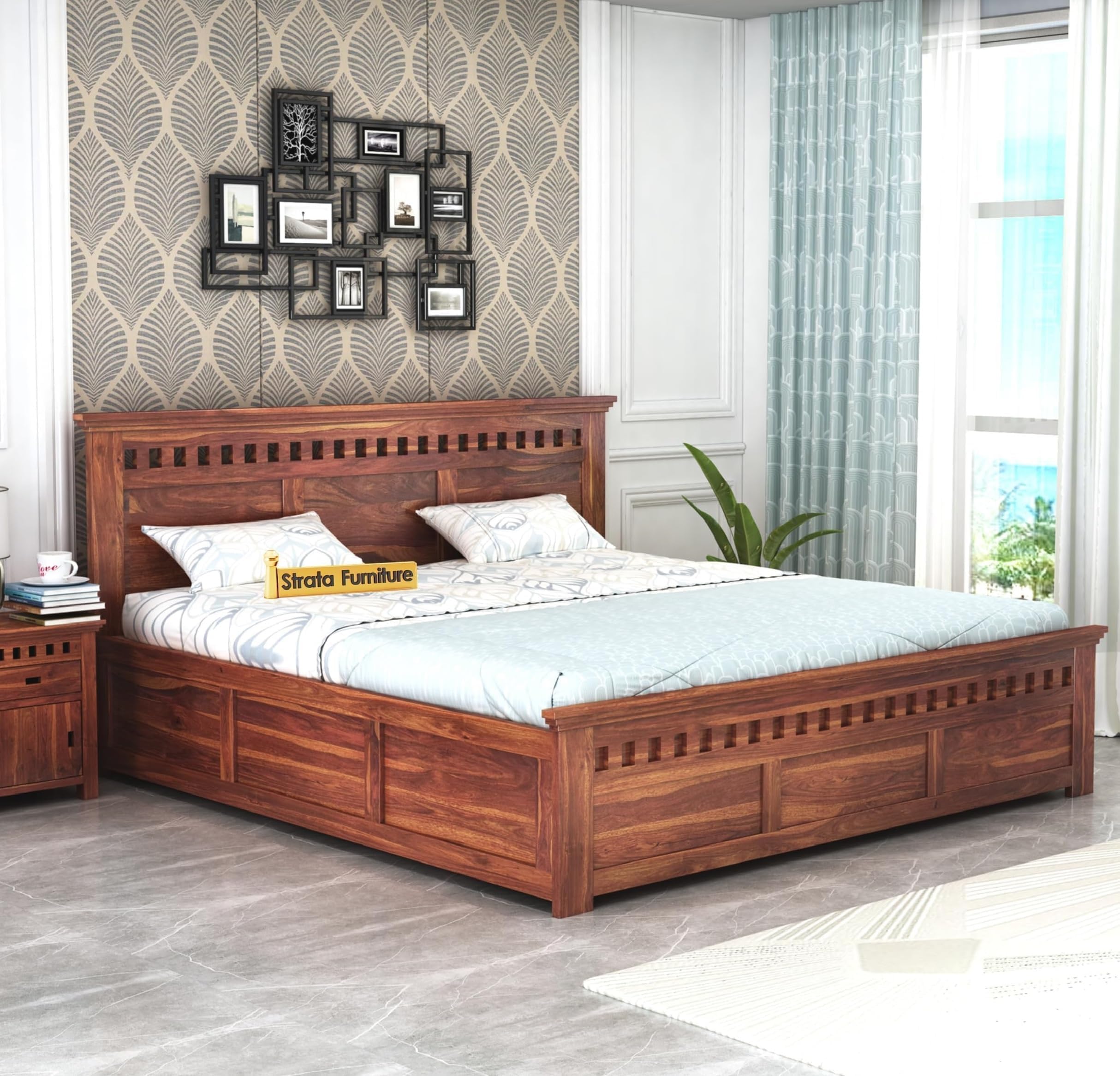 STRATA FURNITURE Sheesham Wood King Size Bed with Box Storage Wooden Double Bed Cot Bed Furniture for Bedroom Living Room Home (Natural Finish)