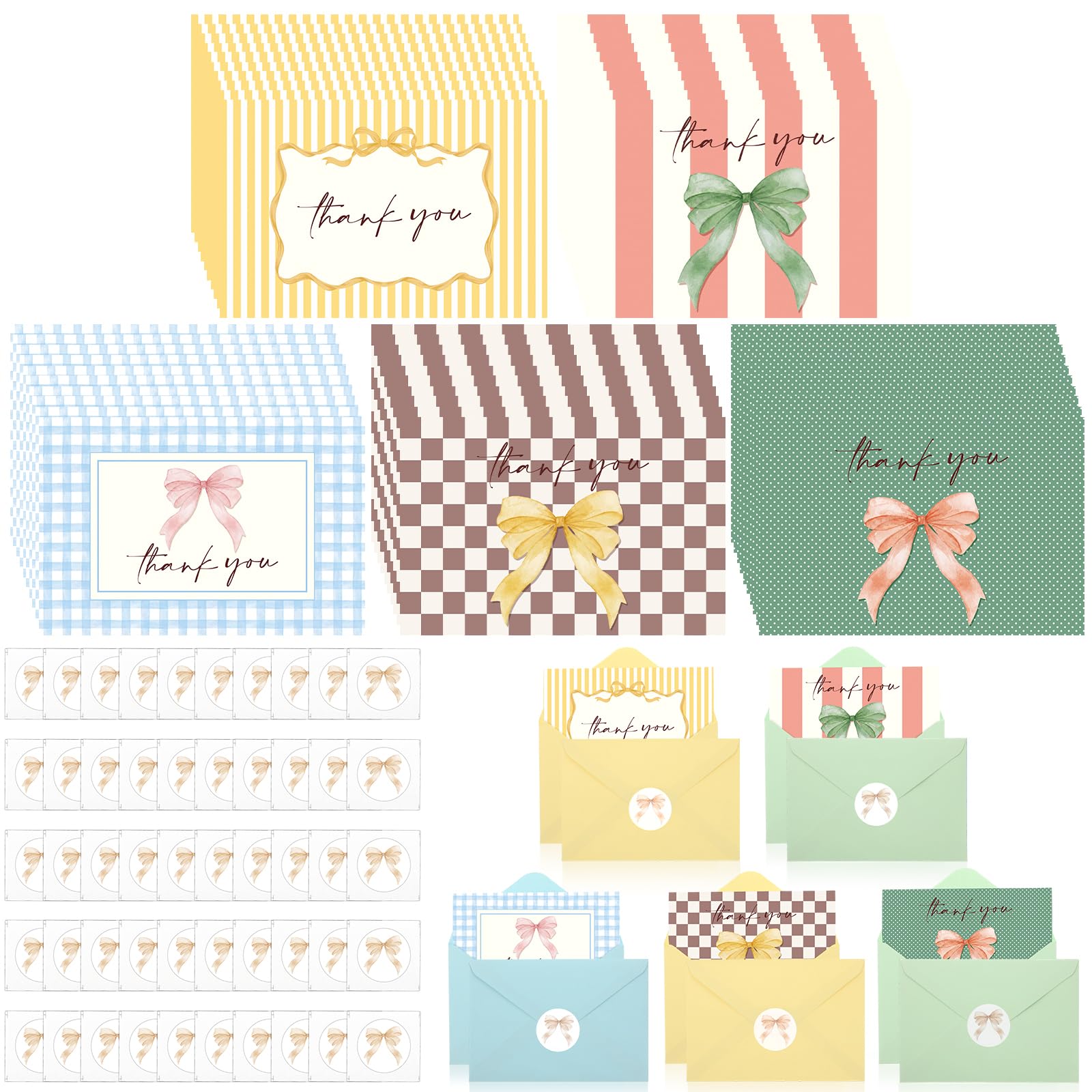 Sabary Biglietti di ringraziamento colorati con buste e adesivi, design elegante con fiocco, 50 pezzi, 10 x 15 cm, con fiocchi ad acquerello, biglietti di auguri vuoti per addio al nubilato, matrimoni