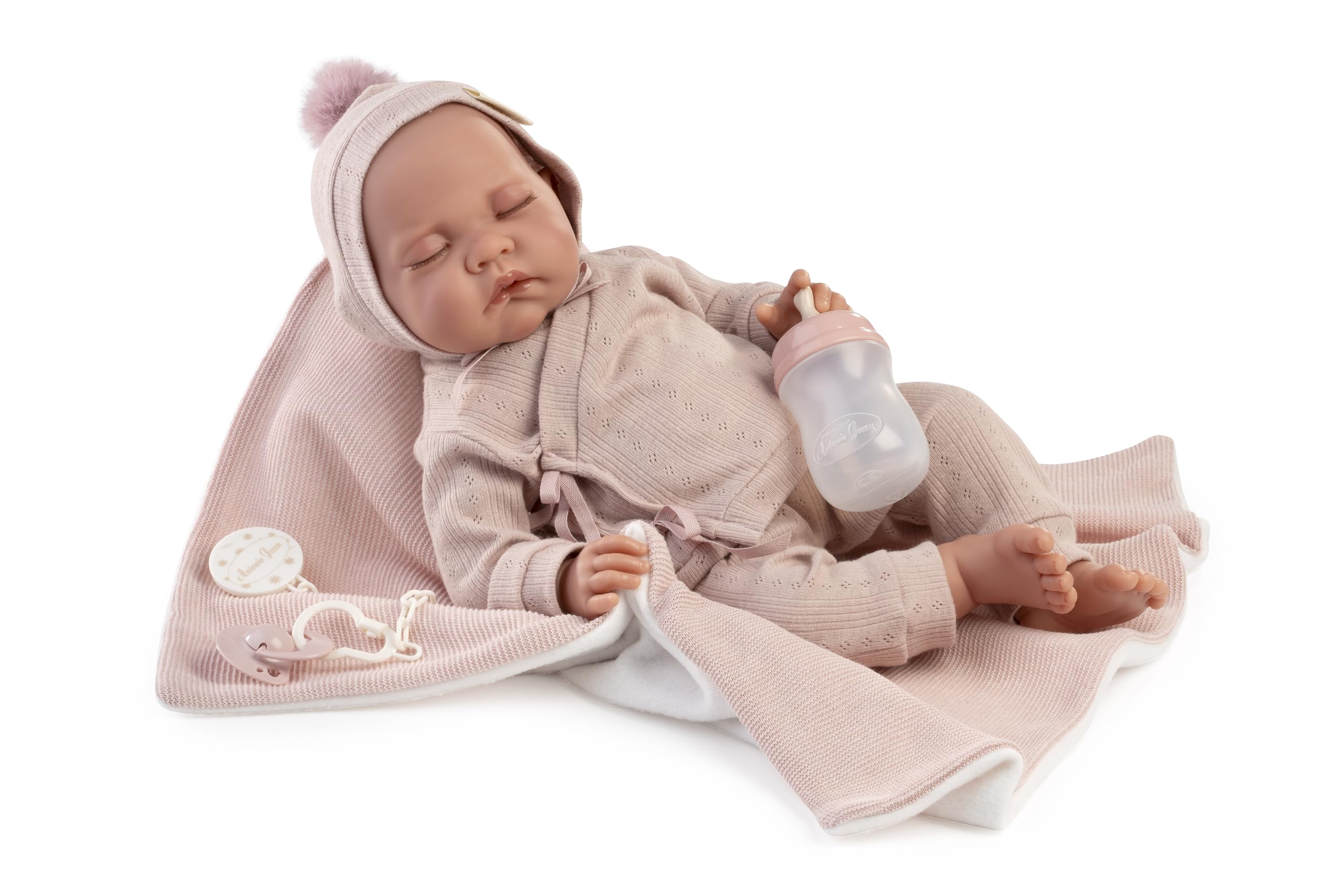 Muñecas Antonio Juan - Muñeca Bebé Recién Nacida Luna con Toquilla, 42 cm, Cuerpo Blandito, Ojos Cerrados, Incluye Accesorios, Color Rosa