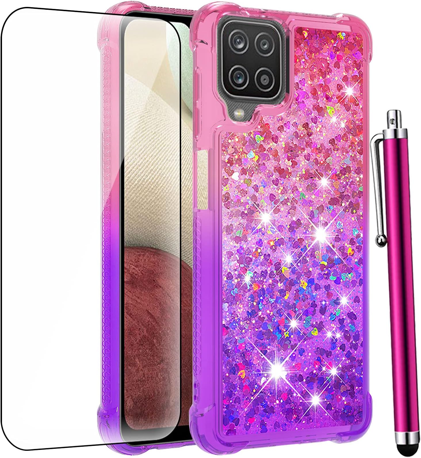 for Samsung Galaxy A12 Case with Tempered Glass Screen Protector,Women Girls Glitter Bling Floating Liquid Cute Soft TPU Shockproof Protective Phone Cover for Samsung Galaxy A12-Pink/Purple