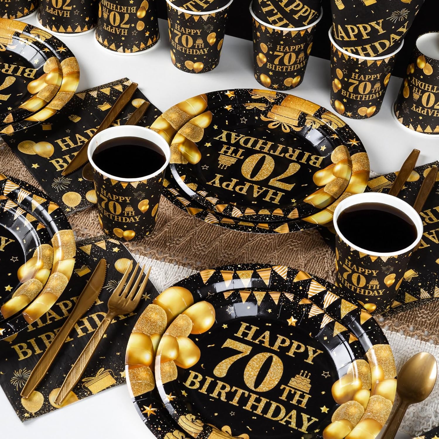 350PCS 70th Birthday Party Decorations for 50 Guests Black and Gold Party Supplies Include Disposable Paper Plates, Napkins, Cups, and Tableware