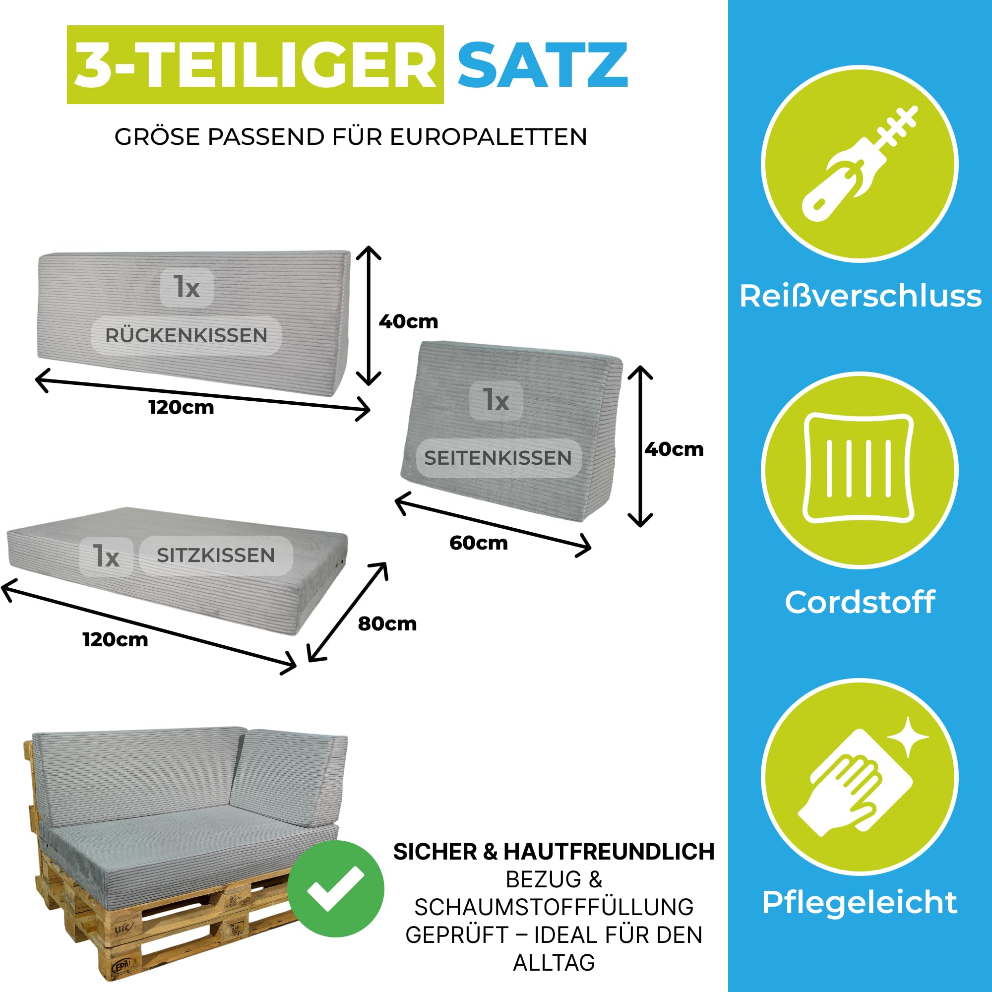 Palettenkissen 3-teiliges Set aus Cordstoff | Sitzkissen & Rückenkissen für Europaletten 120x80 | Weiche Palettenauflage für Wohnzimmer, Garten oder Balkon | Made in EU | Hellblau