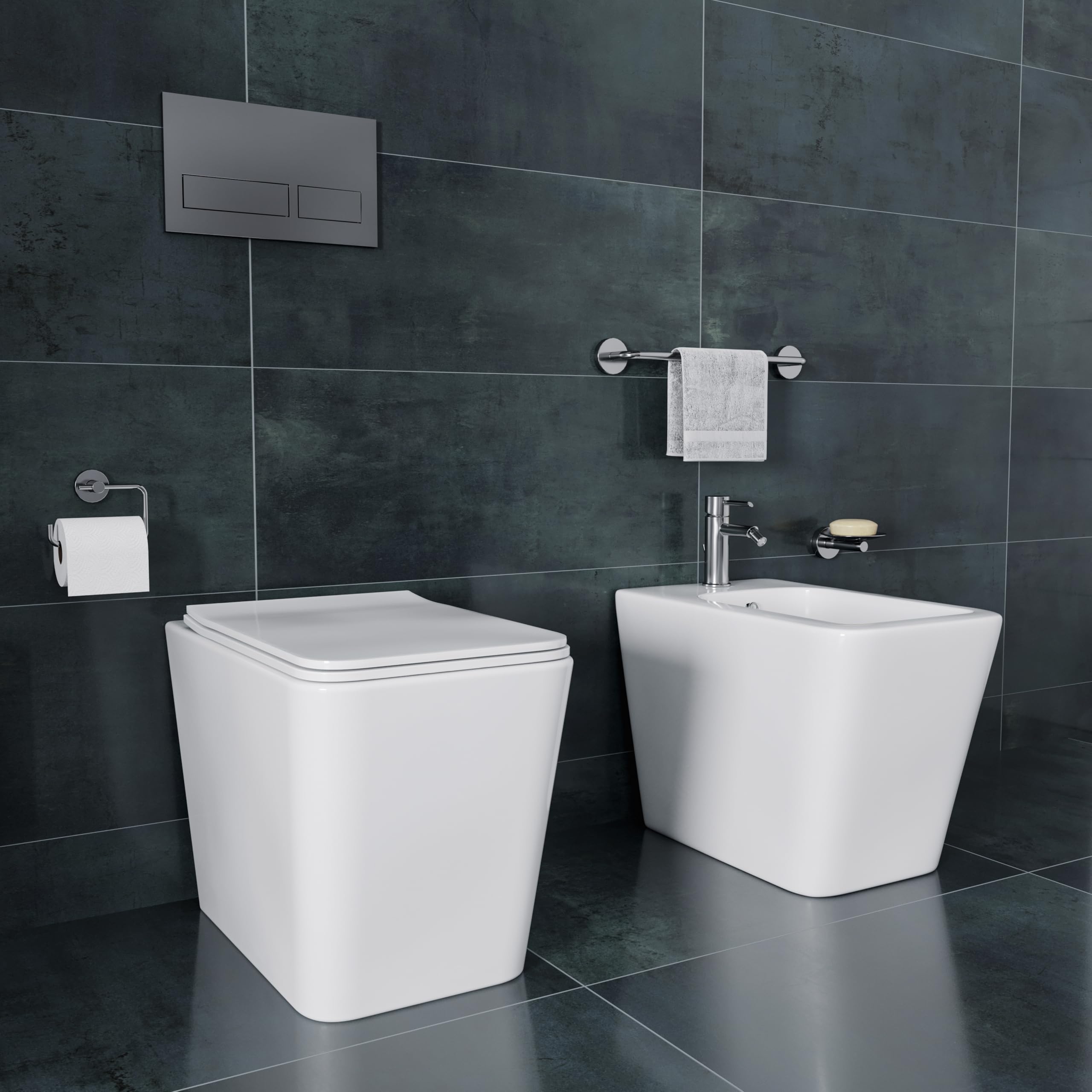 Set Sanitari Filomuro WC e Bidet Quadrati in Ceramica con Copriwater Soft Close e Sgancio Rapido Bianco Lucido Design Moderno (Quadrato)