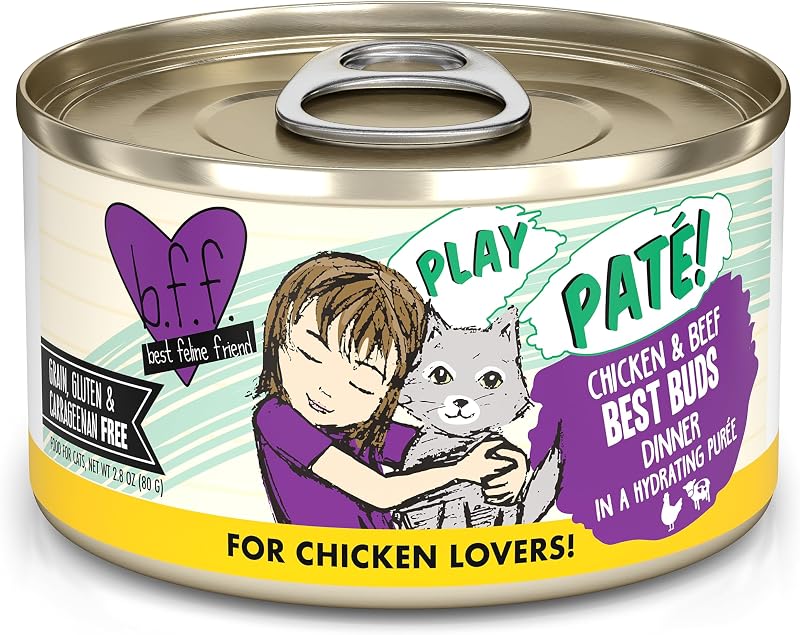 Ração úmida para gatos Weruva B.F.F. Play Patê de Frango e Carne Bovina Best Buds, Pacote com 12 latas de 79 g