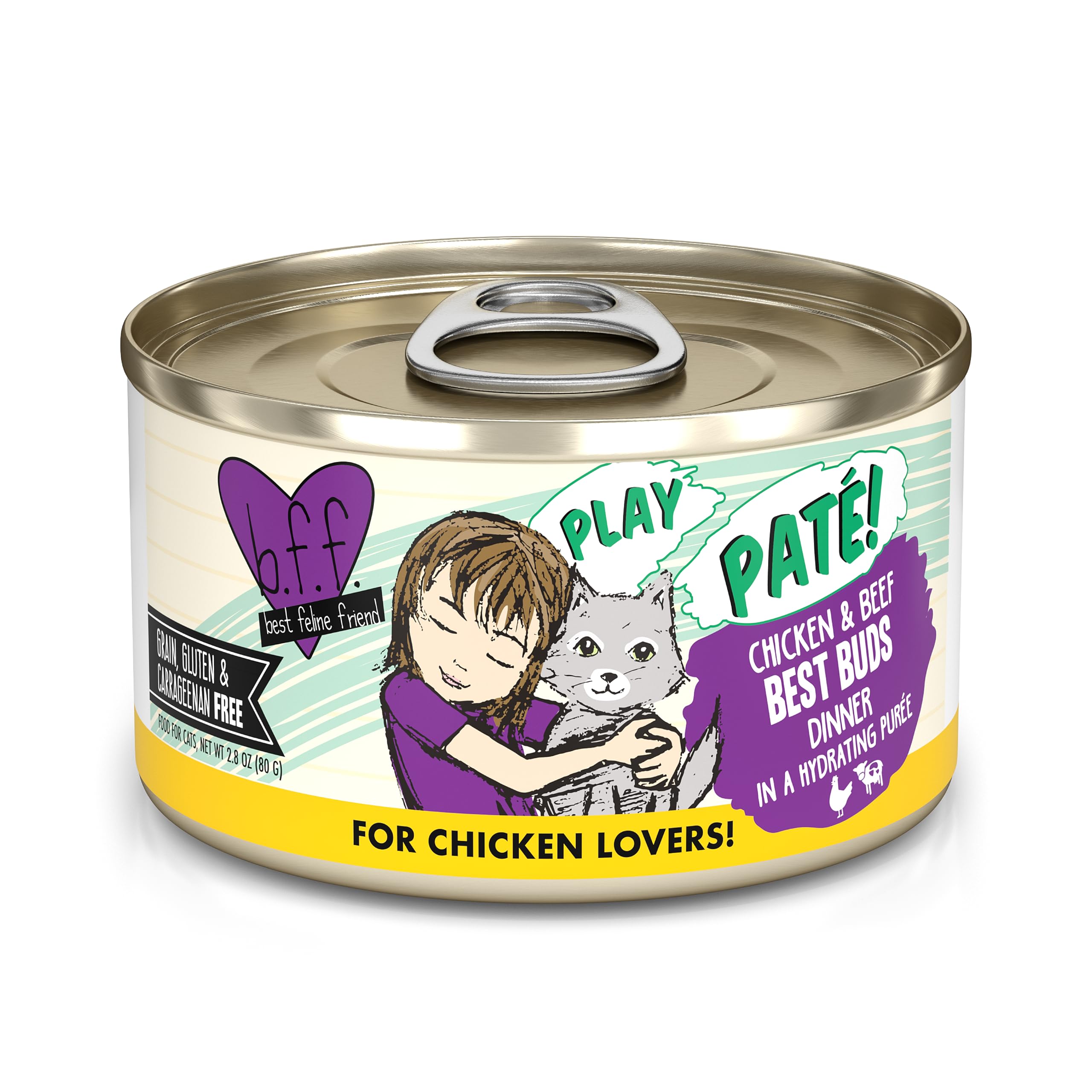 Weruva B.F.F. Play - Best Feline Friend Paté Lovers, Aw Yeah!, Chicken & Beef Best Buds with Chicken & Beef, 2.8oz Can (Pack of 12)